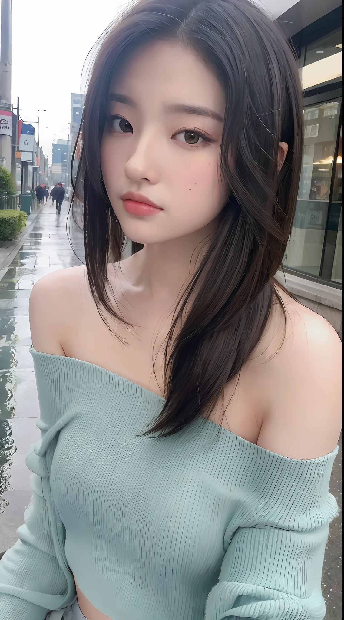 ((Best Quality, 8K, Masterpiece: 1.3)), Sharp: 1.2, Perfect Body Beauty: 1.4, Slim Abs: 1.2, ((Layered Hairstyle, :1.2)), (White Off-the-Shoulder Top: 1.1), (Rain, Street: 1.2), Highly detailed face and skin texture, Detailed eyes, double eyelids, looking at the camera,