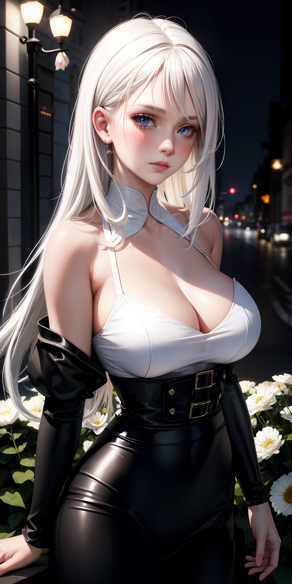 realistic, 1woman, white hair, blue eyes bright eyes, cropped top, skirt, lips parted, blush, night, flowers, sun, sunlight, naked, black clothes glued to body, big chest.