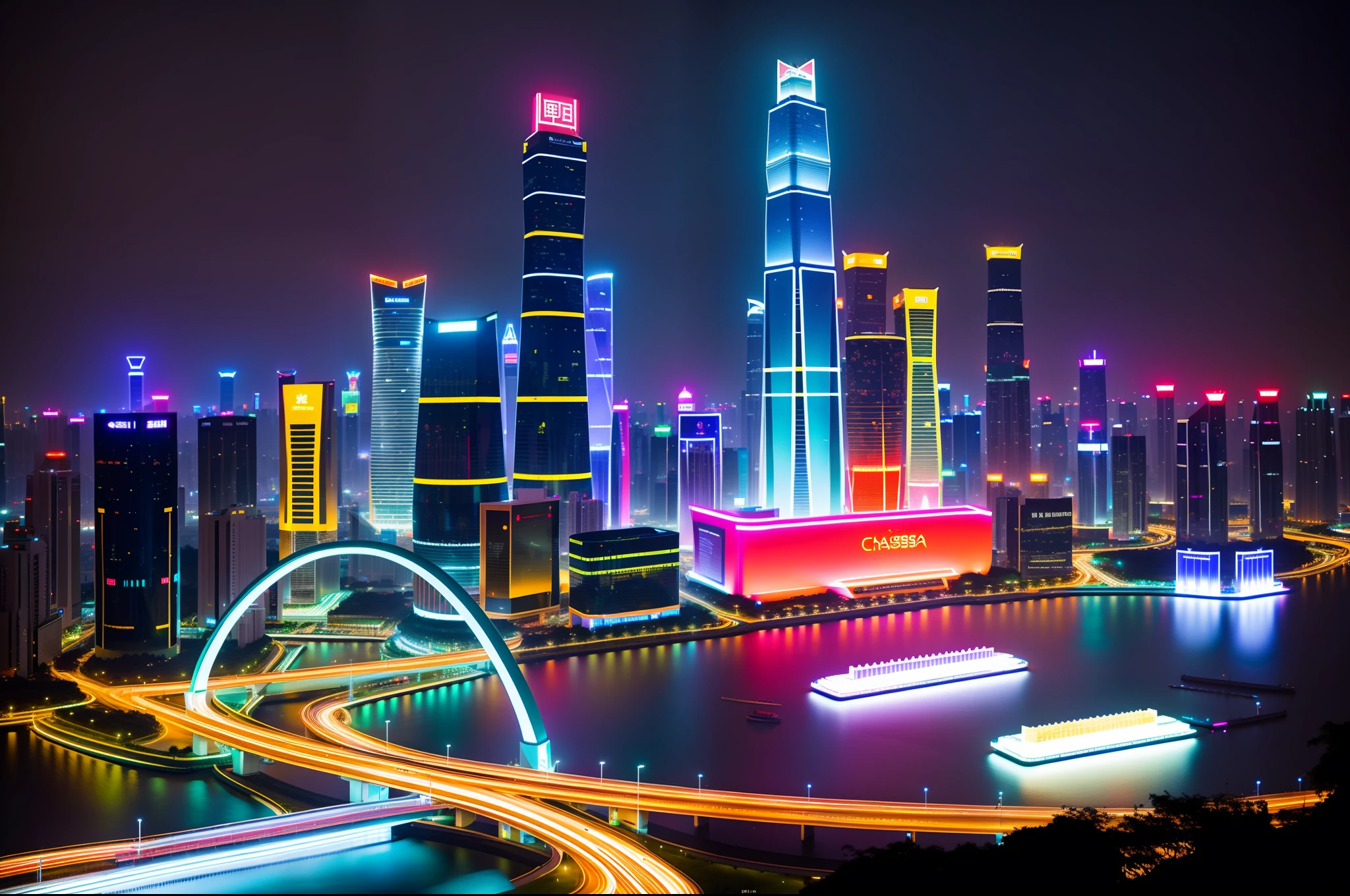 (Guangzhou + Shenzhen: 1.2), skyline, fast pace, neon, futuristic, mega-city silhouette, aesthetic style, architectural lighting night view, (Chasbio:1.3), 80% medium view, architectural complex, clear details, rich color, strong visual impact, shocking sense of picture.