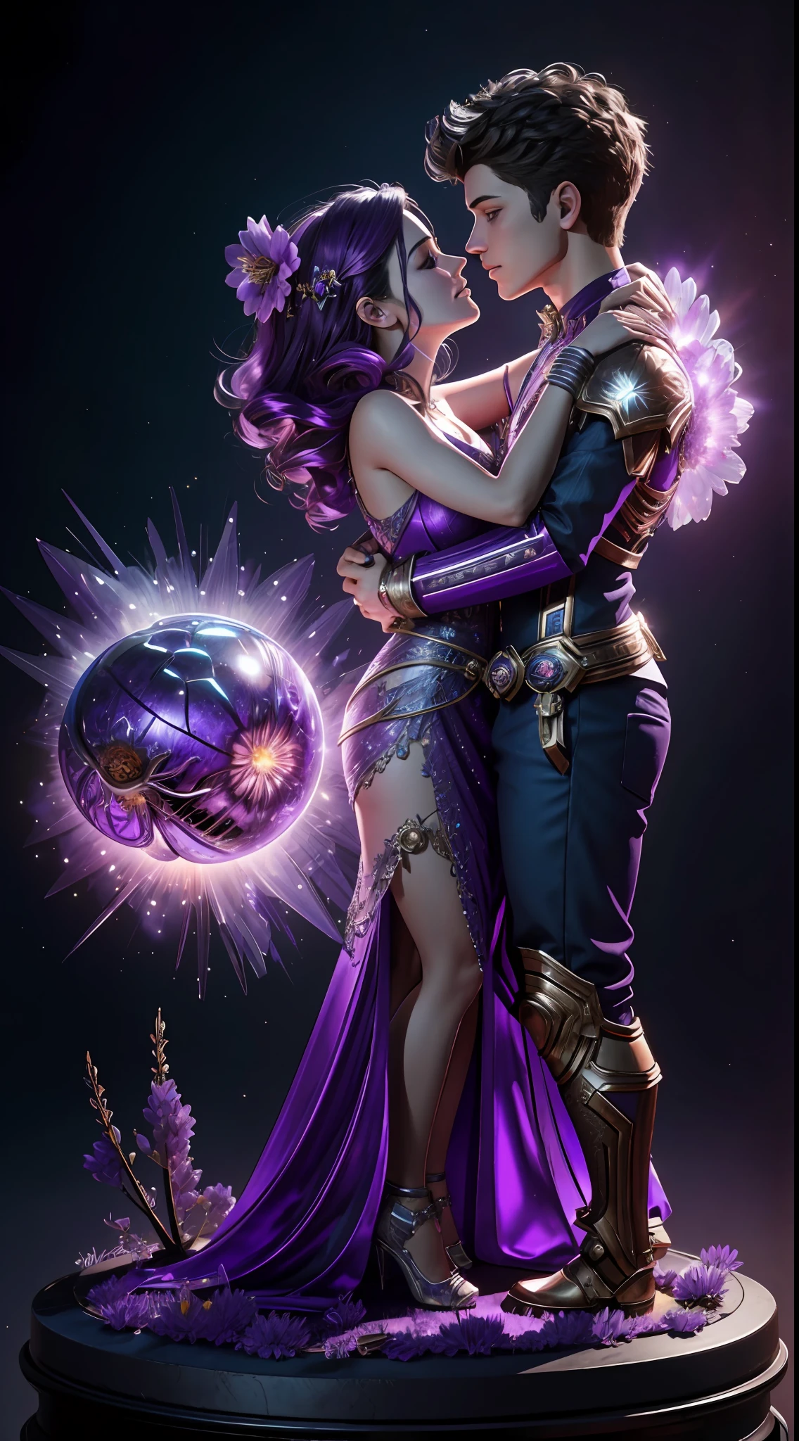 Incredible and spectacular scenes, ((high quality)), ((detailed)), ((fantasy)), "purple plasma brain, purple plasma body, realistic, best quality, 4K, flowers trapped in blisters at the top realistic, (handsome teenager and beautiful girl hugging and kissing), full body portrait", image quality (3D rendering effect) , exquisite details,