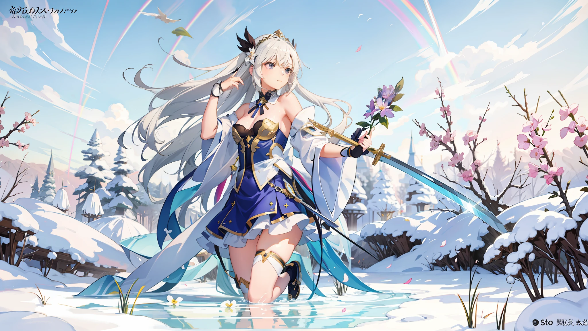 Anime Girl with Sword and Flower in the Field of the Rainbow, Anime Fantasy Illustration, Ethereal Anime, White-Haired God, Anime Fantasy Artwork, From the East, Beautiful Fantasy Anime, Soft Anime Illustration, Production with Anime Painter Studio, Best Anime 4k Konachan Wallpaper, Magical Girl Portrait, Anime Illustration, High Detail Official Artwork, Anime Style Digital Art, Studio Lulua, Highest Texture, Nudity, No Clothes, Dew,