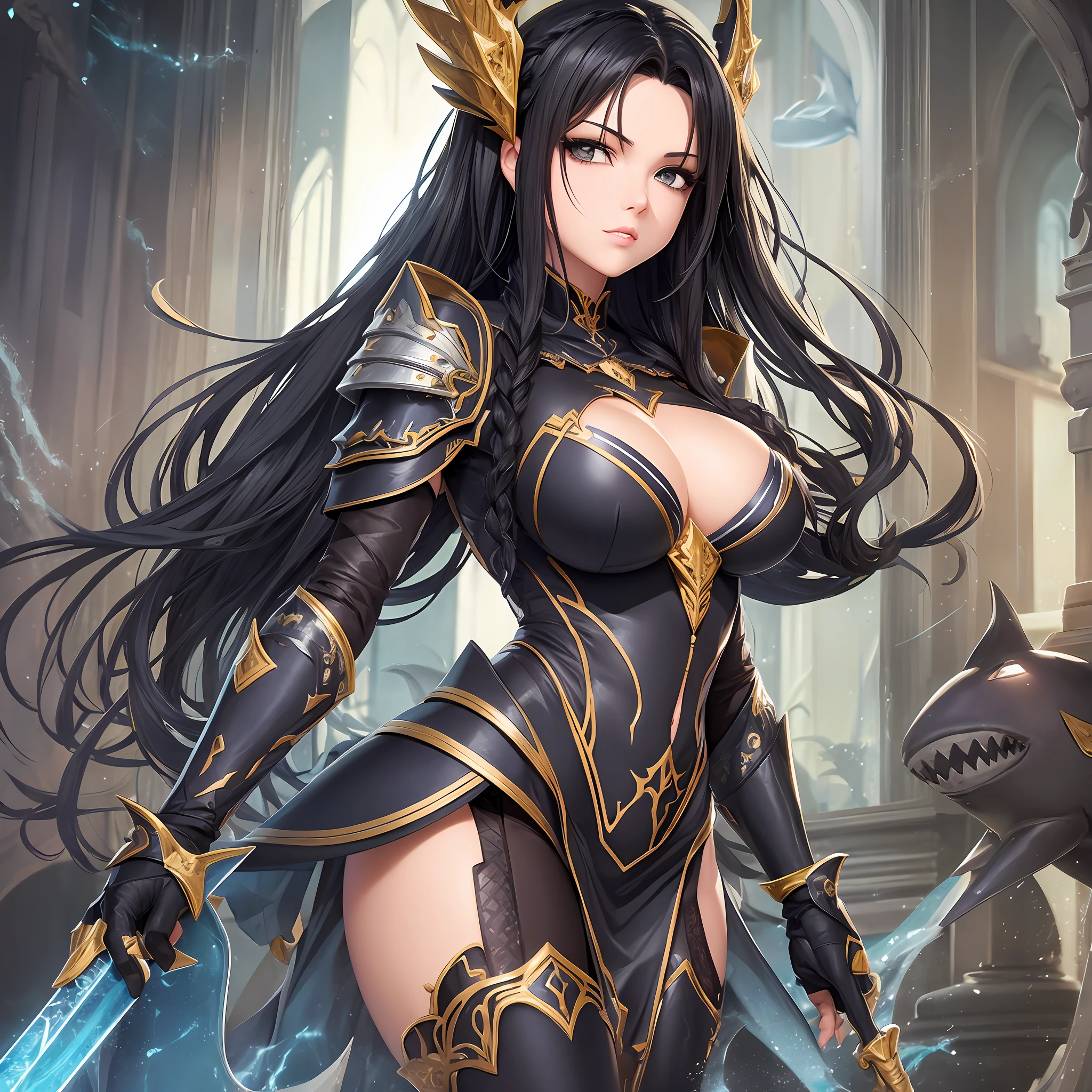 Closet up sexy and seductive Brazilian woman with black hair with braids, large breasts defined body wearing shark armor with magic diamond spears anime style) (anime art style, high quality picture --auto --s2