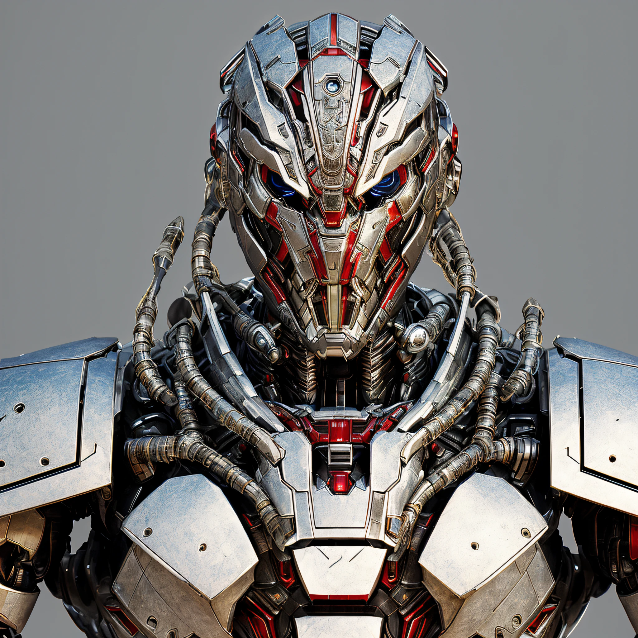 a close up of a robot with a red light on his face, portrait of a futuristic robot, ultron, symmetry!! portrait of cyborg, face of an armored villian, beautiful robot character design, symmetry! futuristic robotic, cybernetic cyborg warrior, detailed humanoid, mech robot futuristic, detailed portrait of a cyborg, futuristic robot, movie still of a villain cyborg