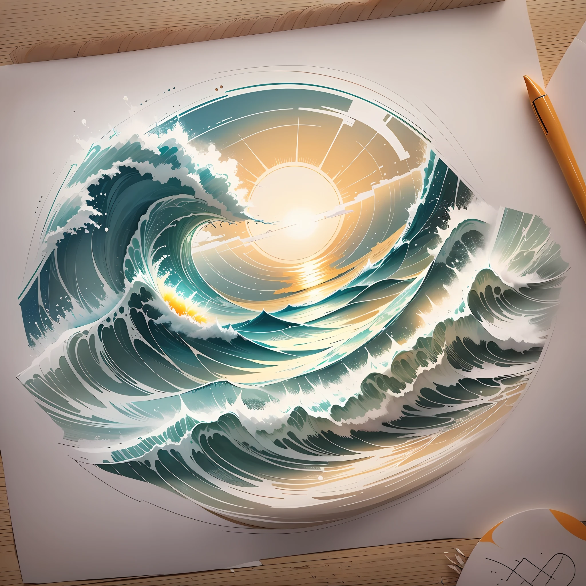 a drawing of a sun rising on a wave, tattoo sketch of a sea, simple drawing, tattoo sketch of an ocean, very sunny weather, simple line art, sunny weather, minimalist line drawing, inspired by Shūbun Tenshō, slightly sunny weather. --auto --s2