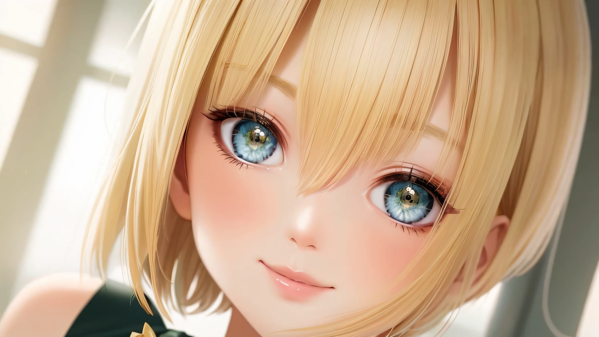 Blonde short bob, green eyes, Vietnamese beautiful girl, realistic body, detailed body and eyes, face up, anime. Soft lighting, close-body shots, smiles, soft expressions