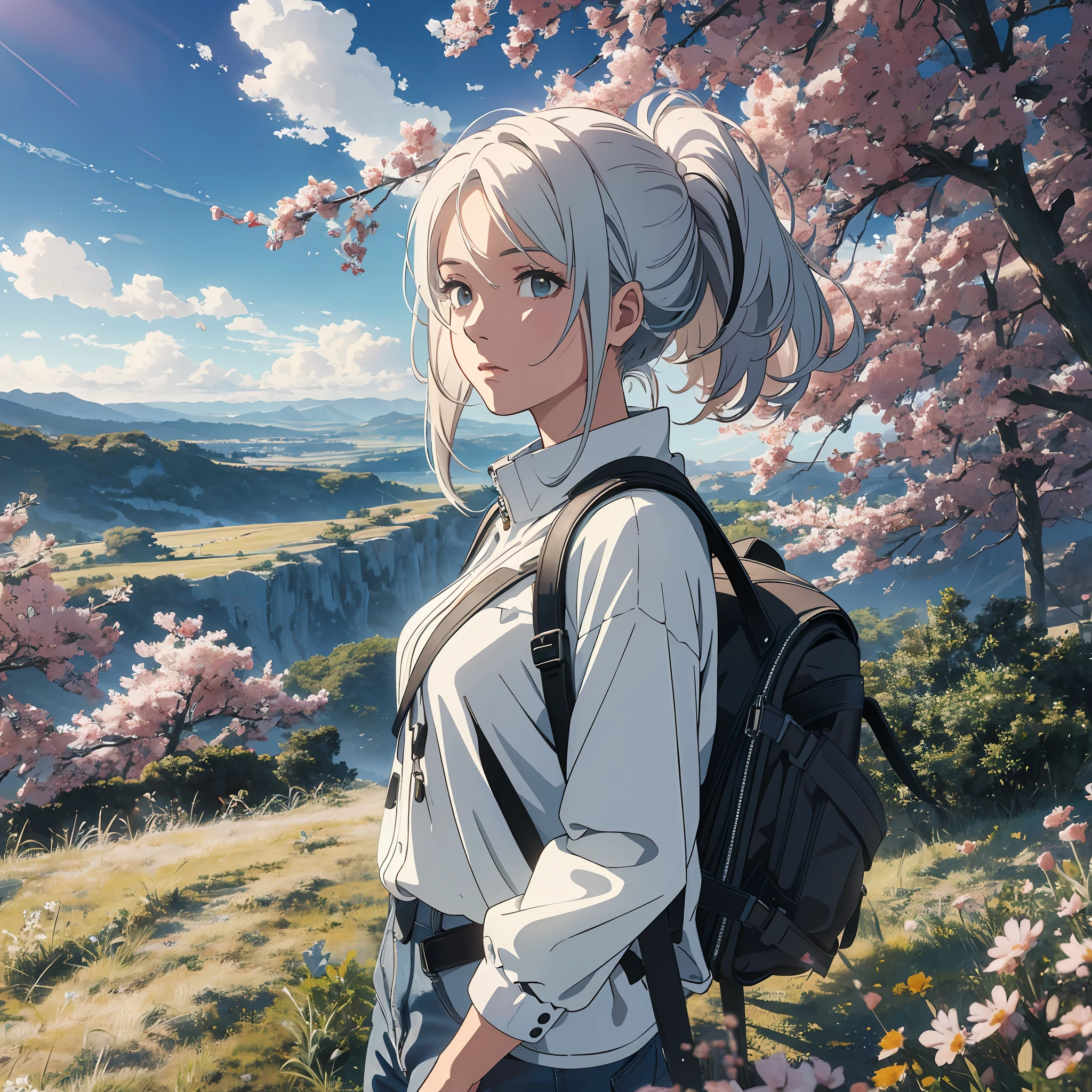 The vast sky, the beautiful horizon, the great pastures, the extremely tense and dramatic images, the moving visual effects, the suspended Polaris and the colorful natural light. Woman with a white hair and a black and white jeans outfit with backpack and side backpack, beautiful face --auto --s2