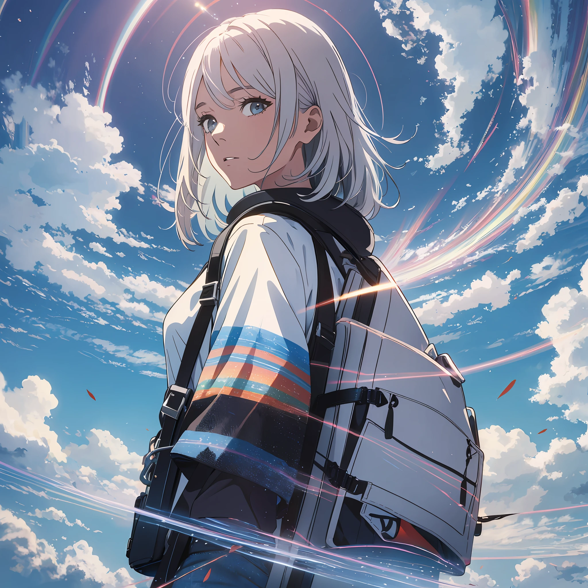The vast sky, the beautiful horizon, the great pastures, the extremely tense and dramatic images, the moving visual effects, the suspended Polaris and the colorful natural light. Woman with a white hair and a black and white jeans outfit with backpack and side backpack, beautiful face --auto --s2