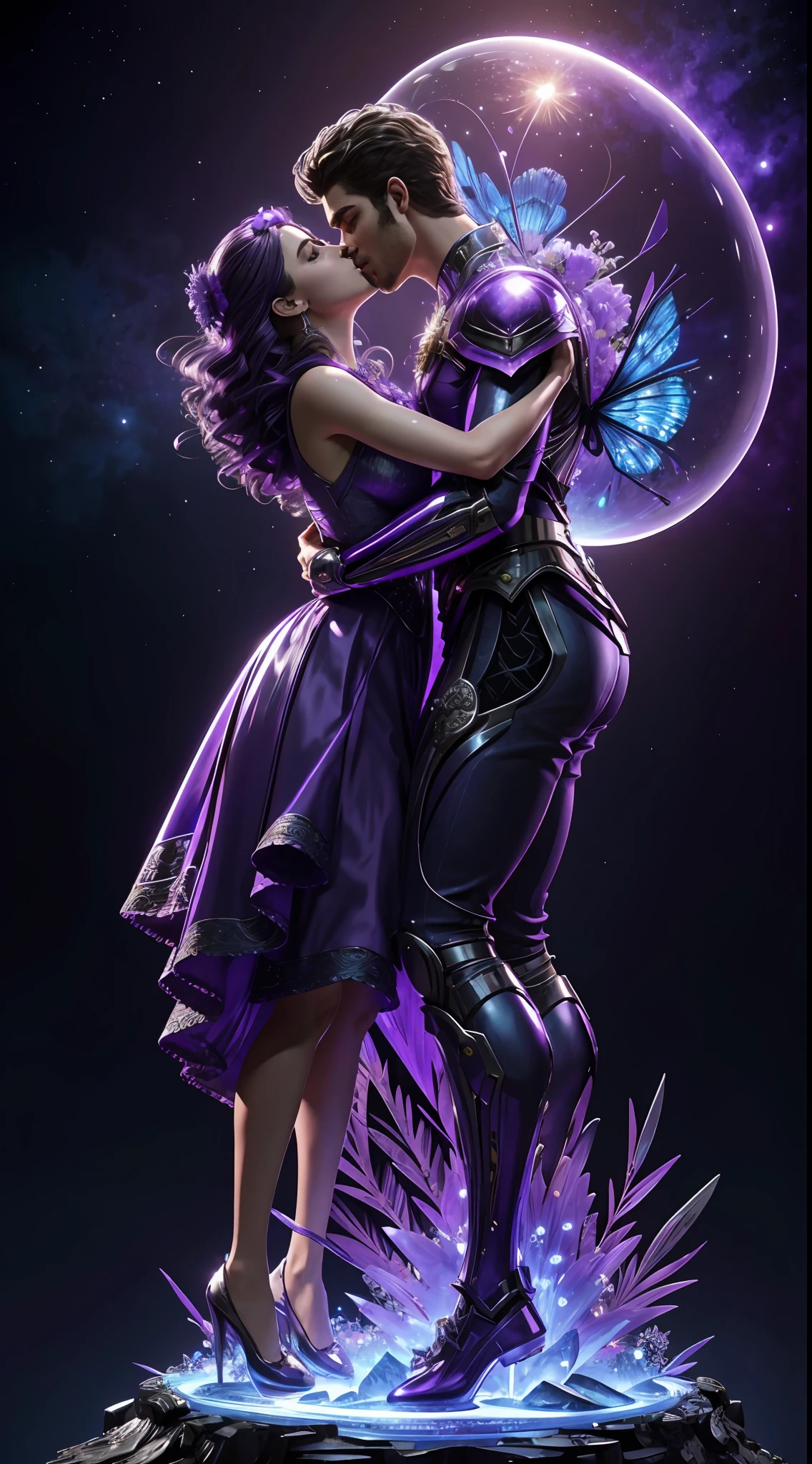 Incredible and spectacular scenes, ((high quality)), ((detailed)), ((fantasy)), "purple plasma brain, purple plasma body, realistic, best quality, 4K, flowers trapped in blisters at the top realistic, (tall handsome boy and beautiful girl hugging and kissing), full body portrait", image quality (3D rendering effect) , exquisite details,