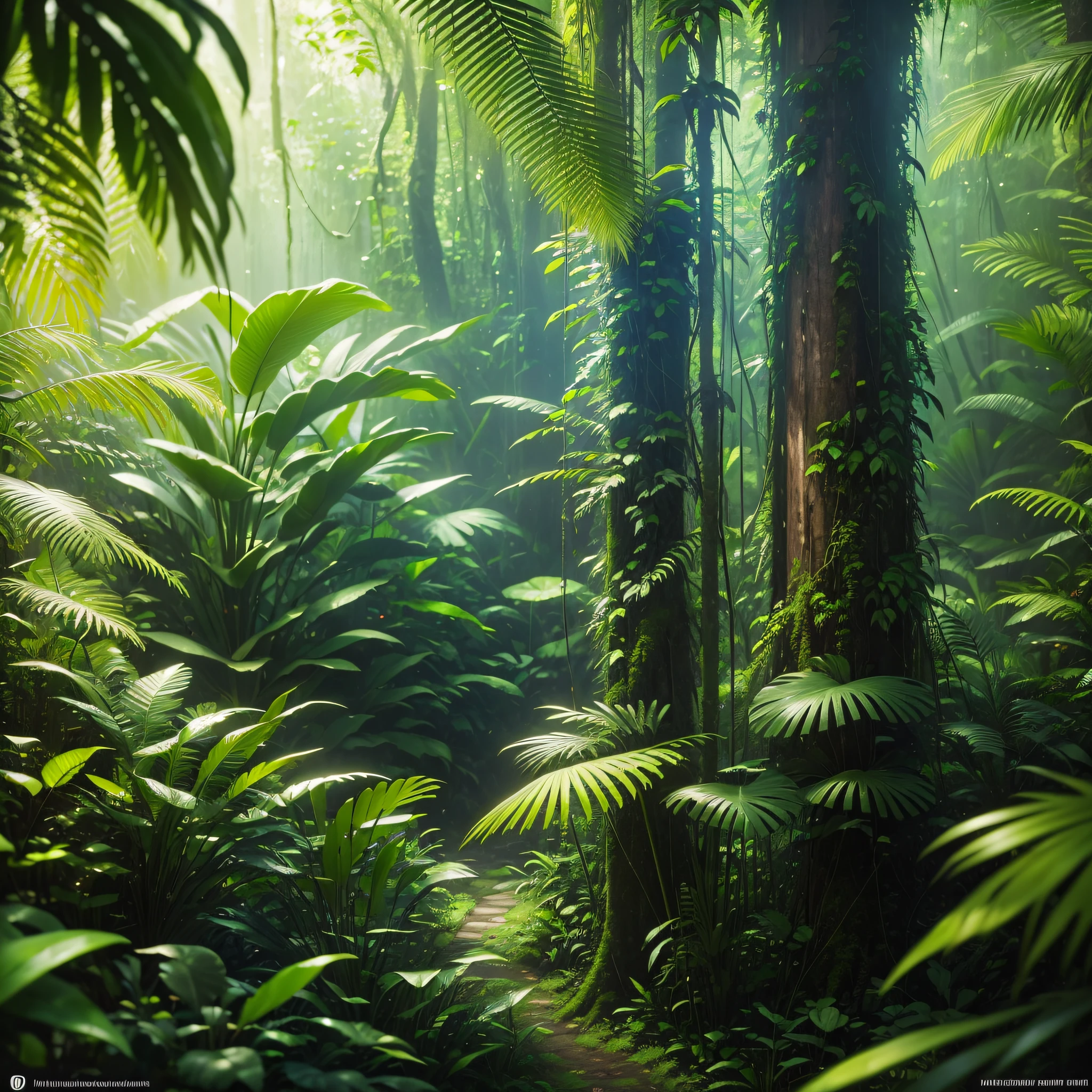 Create an image of a dense, lush rainforest with tall trees and lots of dense vegetation. Generate a vivid and realistic image of my description of the rainforest., depth of field, cinematic lighting, f/1.8, Nikon, UHD, 16k, high details, best quality --auto --s2