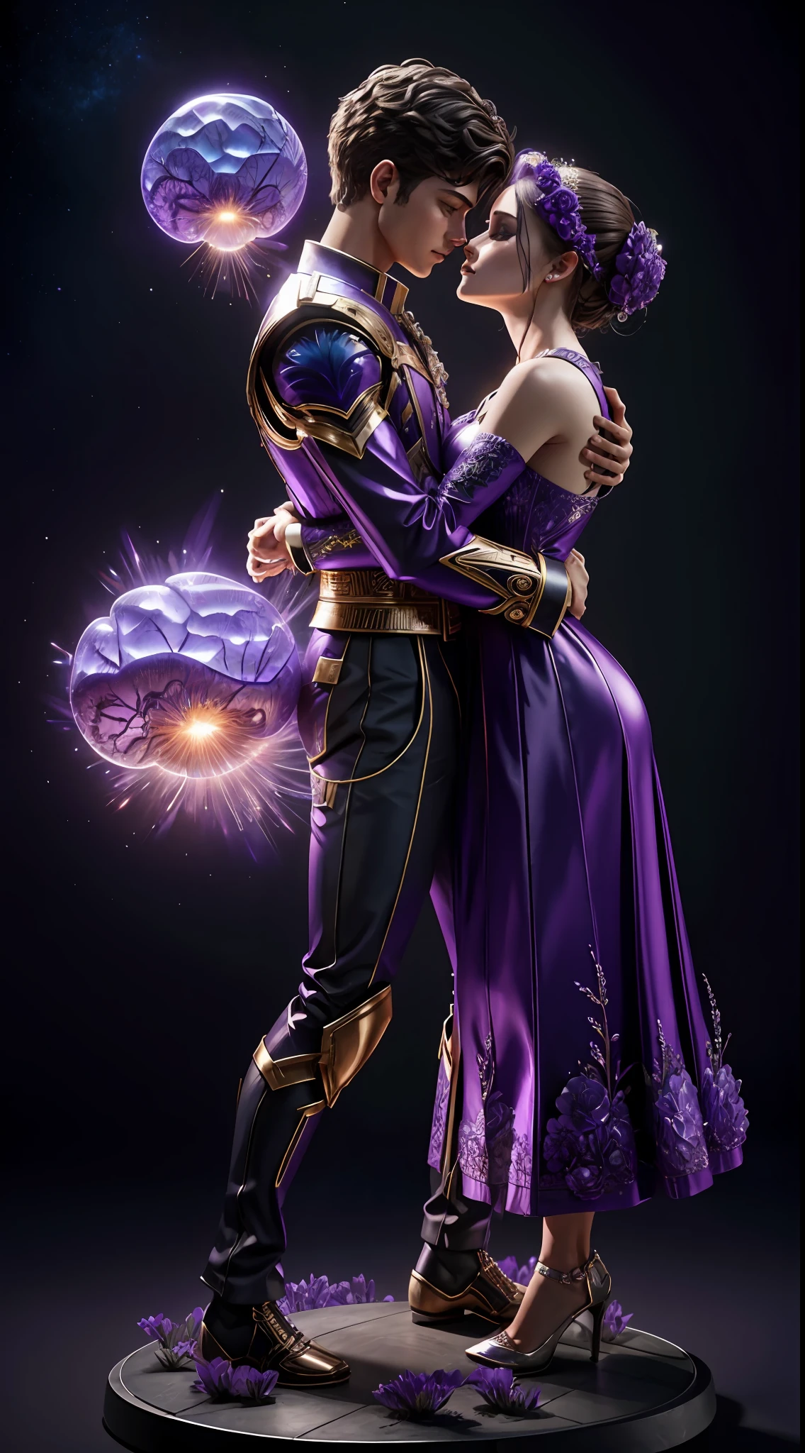 Incredible and spectacular scenes, ((high quality)), ((detailed)), ((fantasy)), "purple plasma brain, purple plasma body, realistic, best quality, 4K, flowers trapped in blisters at the top realistic, (tall handsome boy and beautiful girl hugging and kissing), full body portrait", image quality (3D rendering effect) , exquisite details,