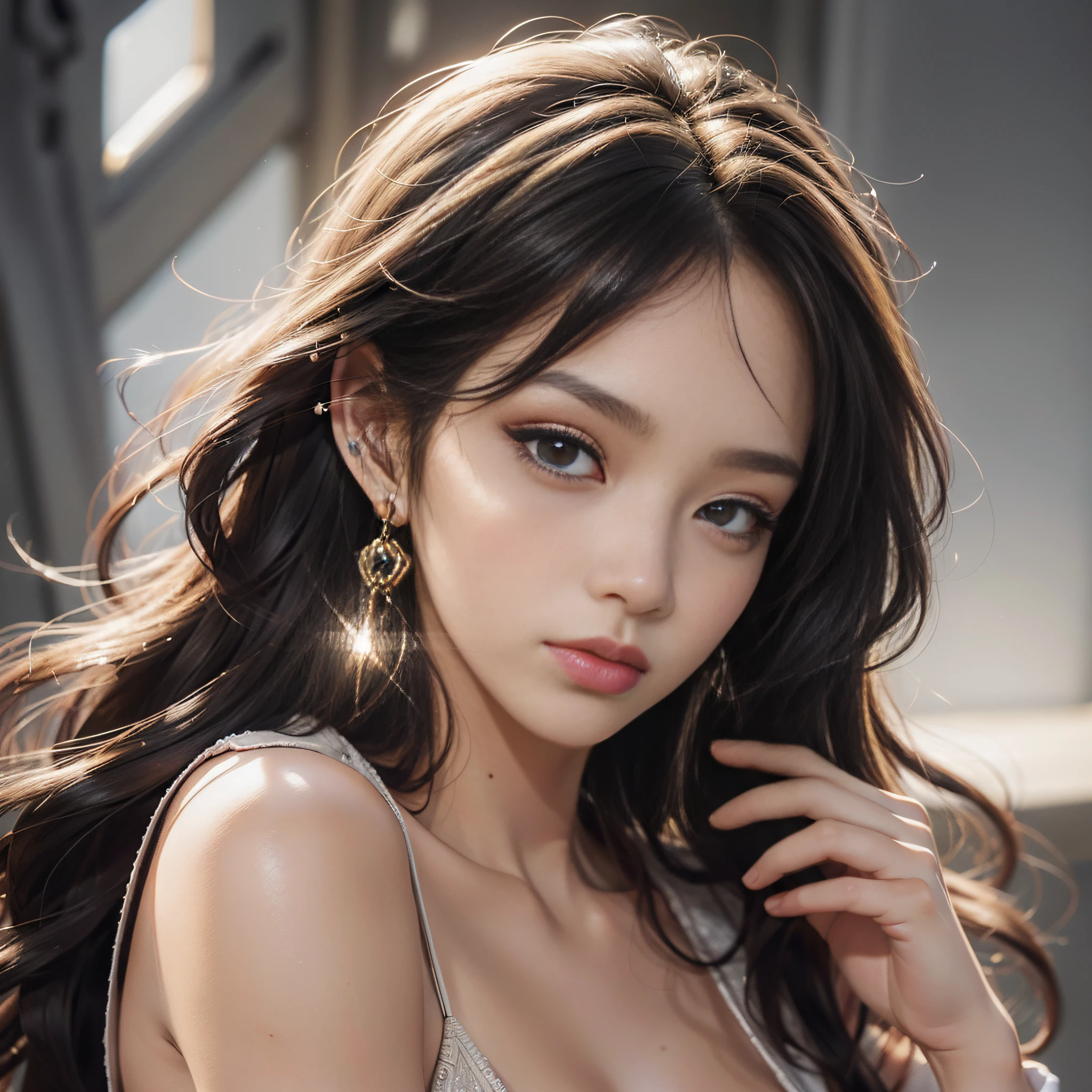 masterpiece, best quality, 8k, beautiful face, high detailed skin,hyper detailed,ultra high res, photorealistic, high resolution, ,lens flare, (tuck hair behind the ear:1.5),(same makeup for both eyes:1.5),perfect face,ralistic eyes, detailed lighting, detailed eyes,detailed skin, detailed shadows,ralistic skin,(opened mouth:1.02), (closed eyes:0.9),no make-up,,looking_at_viewer,upper body