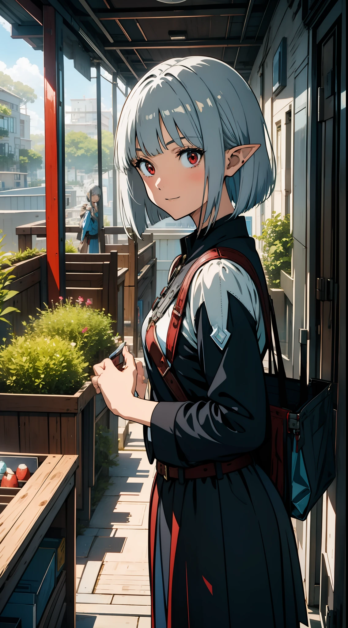 One girl, elf, silver hair, red eyes, bob cut, fantasy style costume, seaside city, crouching, pointing, shopping, laughing, concept art, official art