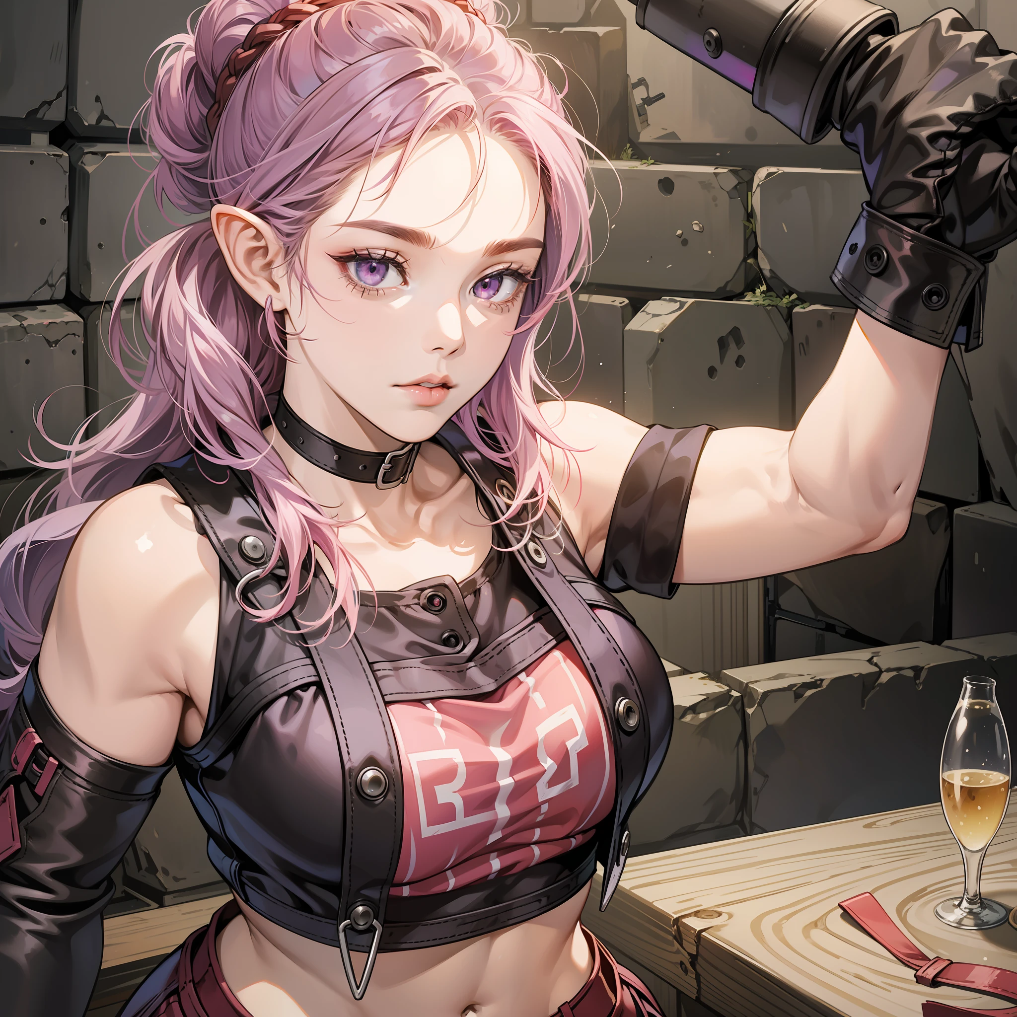 Purple hair dwarf in space buns style with 2 red clips, red eyes, pink leather t-shirt with 2 black buttons, short elf, short and pink shorts, with a leather outfit underneath, a stronger and more robust body and defined muscles. , a black leather choker with an iron ring, more medieval style, middle ages, in an ancient forge of a blacksmith in the middle ages, character with coal dirty fur and face after working a whole day in an old forge, 2