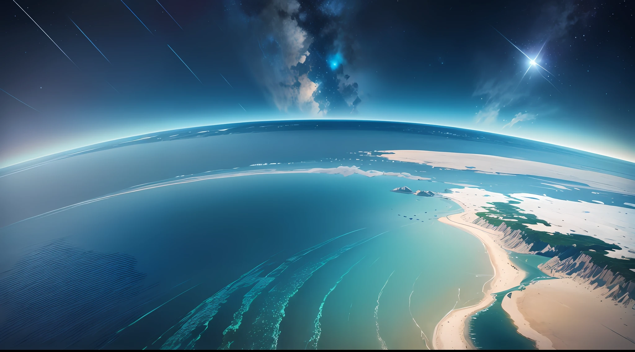 Horizon, with land and sea, starry sky, sunny day, view from atmosphere, top view, super real, no architecture, surrealism, high detail, cinematic lighting, close up, futurism, concept art, UHD, high detail, super detail --auto --s2