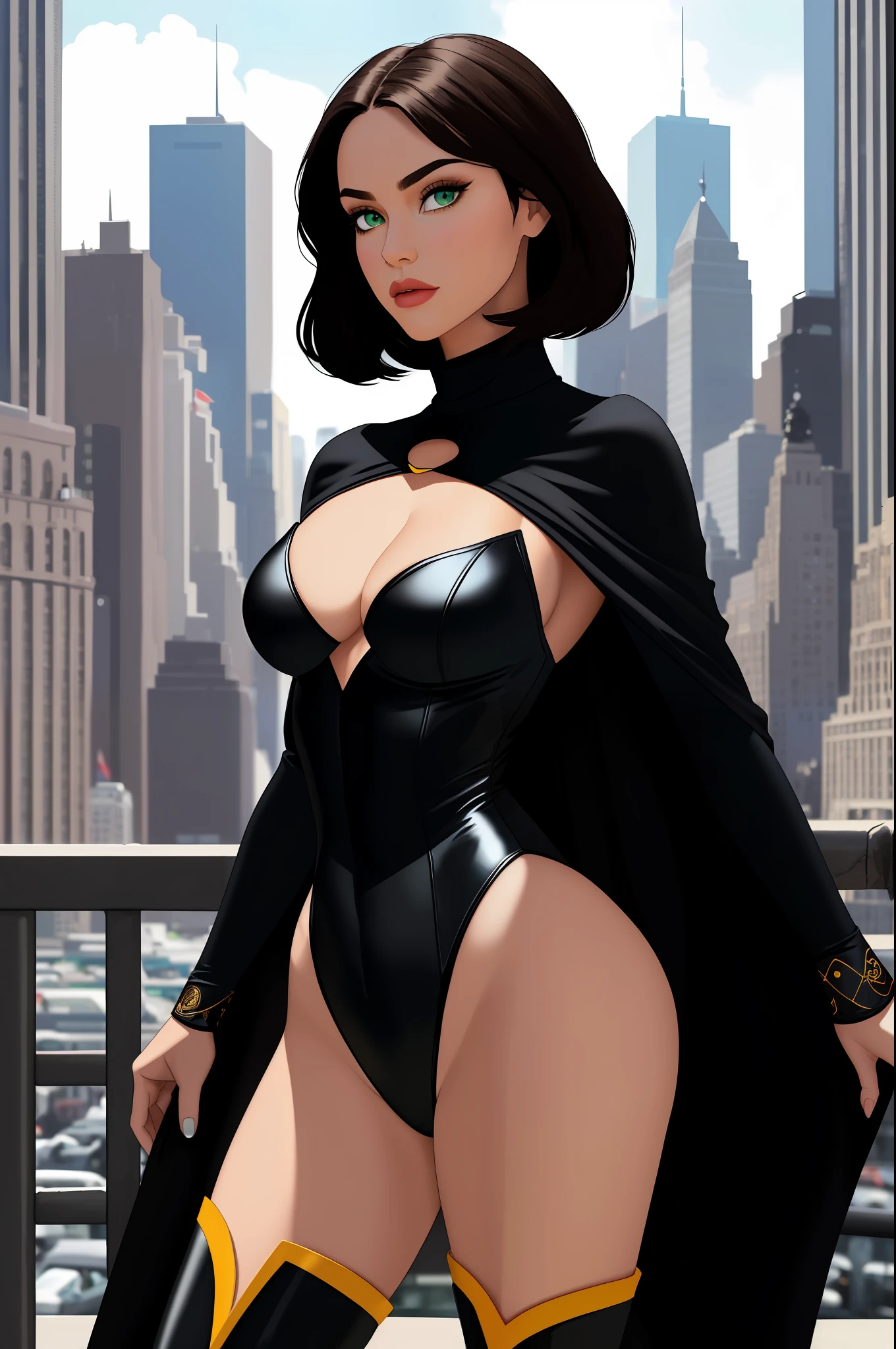 ((best quality)), ((masterpiece)), ((ultra realistic)), (dynamic standing pose), (solo), german, beautiful detailed face, detailed eyes, sexy model, ((dressed in a black leotard)), new york city backdrop, highly detailed, professional, bare legs, (full body), black hair, short hair, green eyes, matching boots, long sleeves, (yellow hawk-shaped crest engraved on chest), black cape, turtleneck, medium cleavage cutout