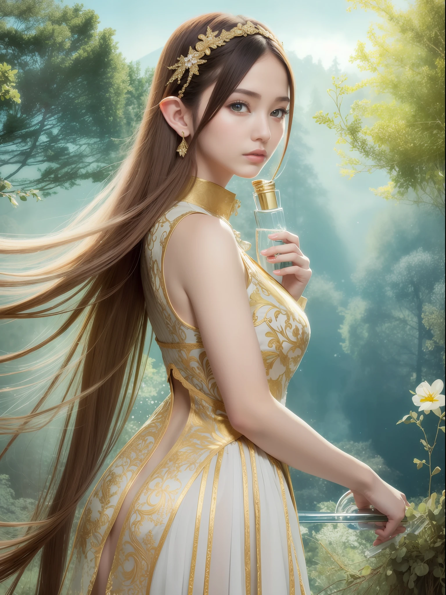 Official Art, Uniform 8k Wallpaper, Ultra Detailed, High Quality, Masterpiece, Best Quality, (Zentangle, Dreamy and Ambiguous, Epic Composition, Entanglement: 0.6), (Elegant and Elegant Neutral Elf: 1), White Elegant and Demure Loose Satin Clothes, Conservative, with Many Gold Delicate and Intricate Embroidery, 1/3 Side Portrait, Super Detailed, Bright Colors (Large Glass Bottle: 4), The Inside of the Bottle is a mysterious and complex forest town, super delicate and detailed. (Hand around large glass bottle: 1.9)