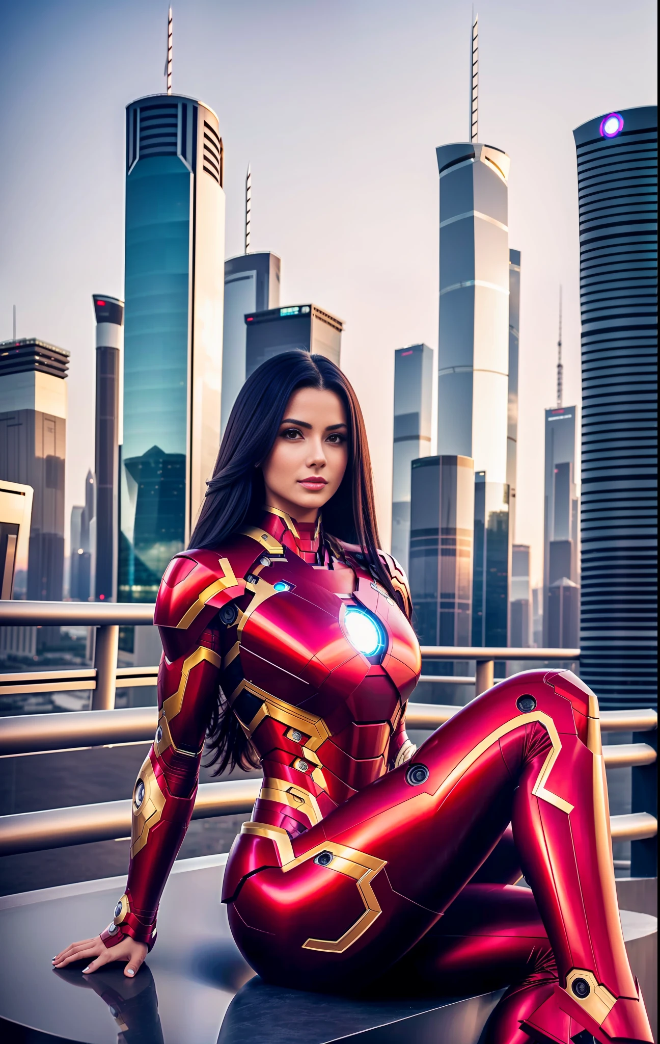 Beautiful woman (with 25 years) beautiful body, medium breasts, long hair straight black, iron man clothes, covering the whole body well detailed 8k (sitting) in a futuristic city, beautiful, with sharp curves ((perfect))