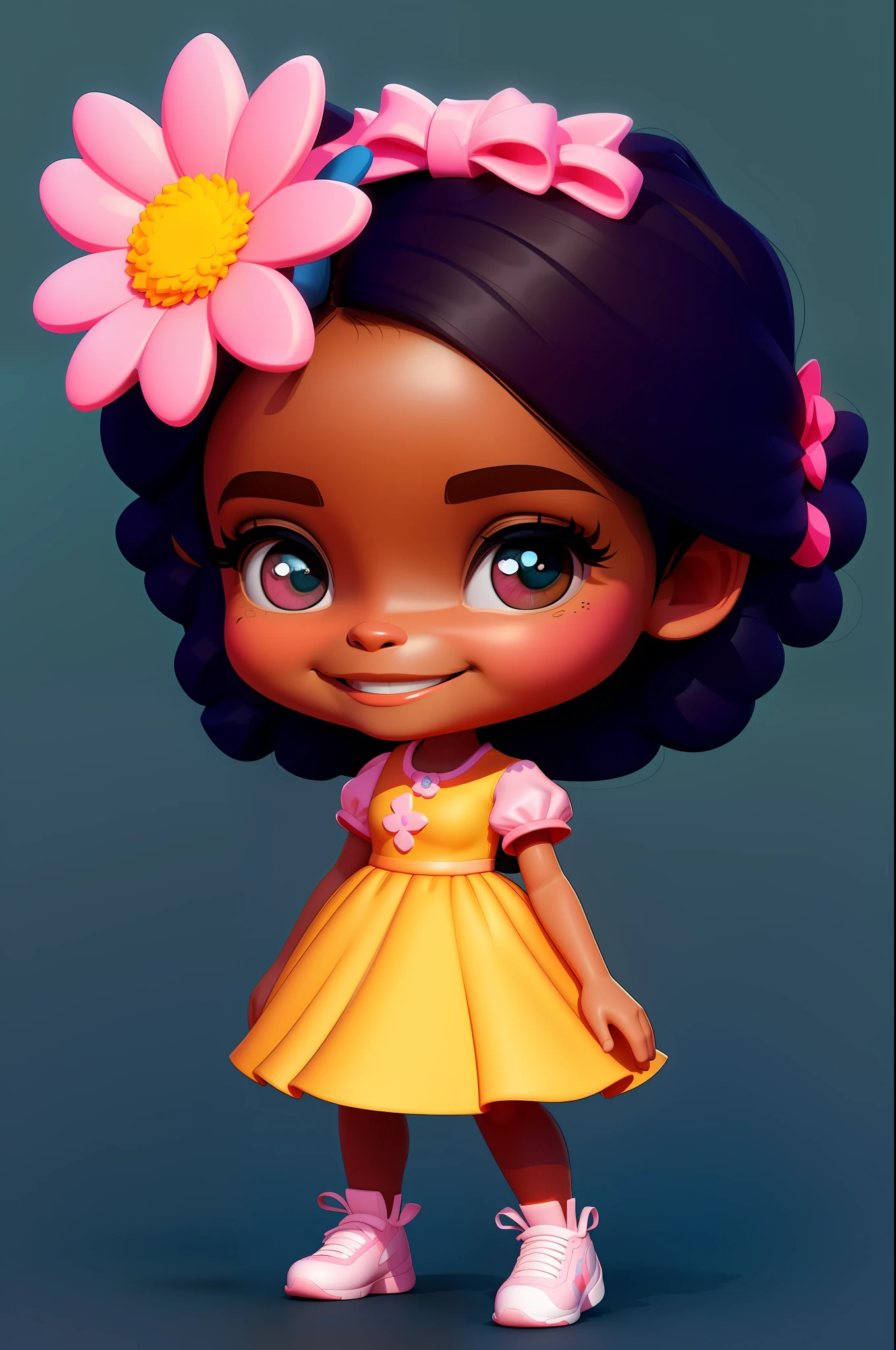 a cartoon girl with a flower in her hair, lovely digital painting, cheerful smile, cute digital art, long hair, cute detailed digital art, cute cartoon character, digital cartoon painting, african american girl, cute art style, cartoon style illustration, in digital illustration style, render 3 d beautiful, stylized digital illustration,  digital cartoon painting art, 3 d stylized render, cartoon art style