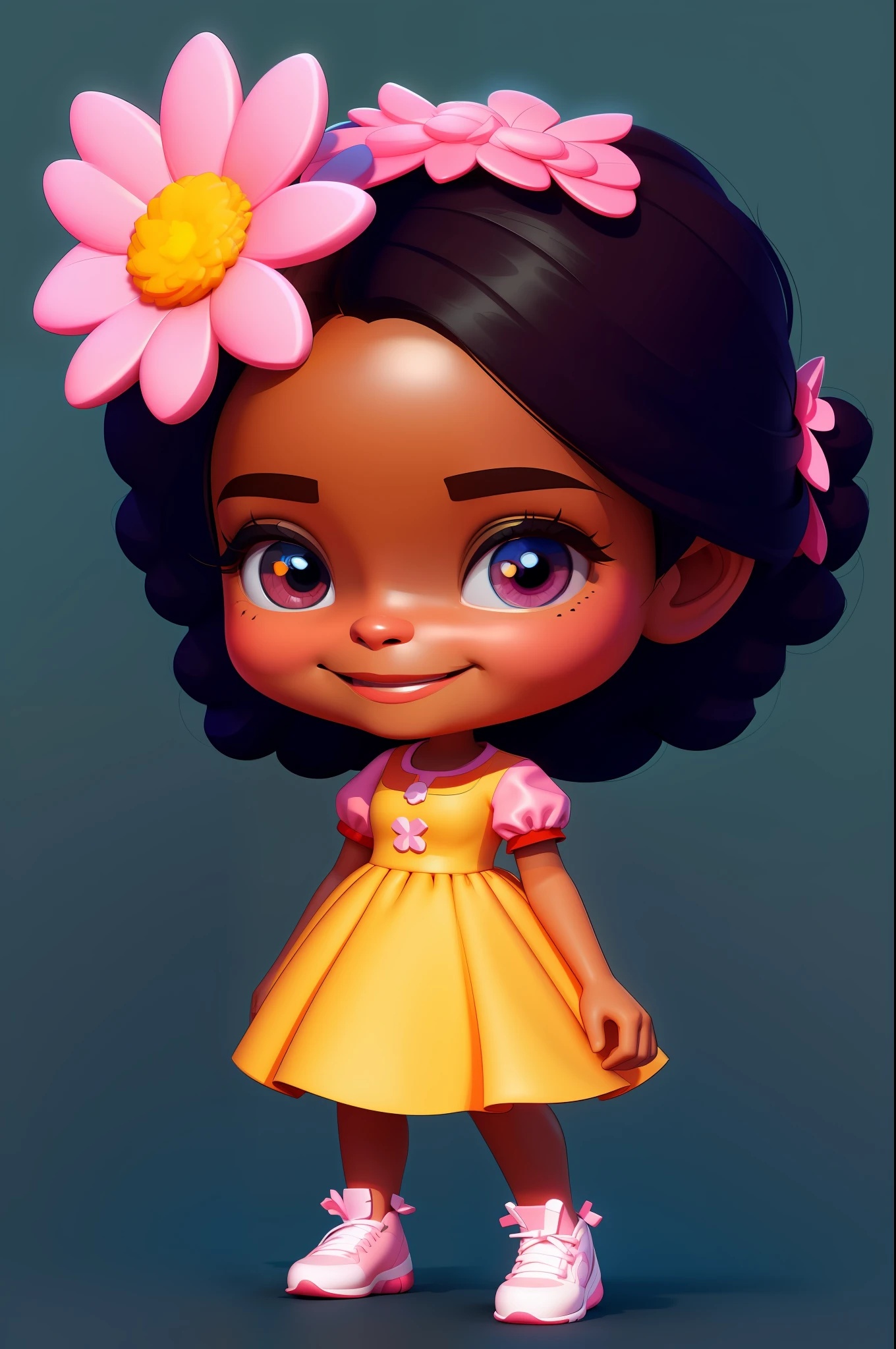 a cartoon girl with a flower in her hair, lovely digital painting, cheerful smile, cute digital art, long hair, cute detailed digital art, cute cartoon character, digital cartoon painting, african american girl, cute art style, cartoon style illustration, in digital illustration style, render 3 d beautiful, stylized digital illustration,  digital cartoon painting art, 3 d stylized render, cartoon art style