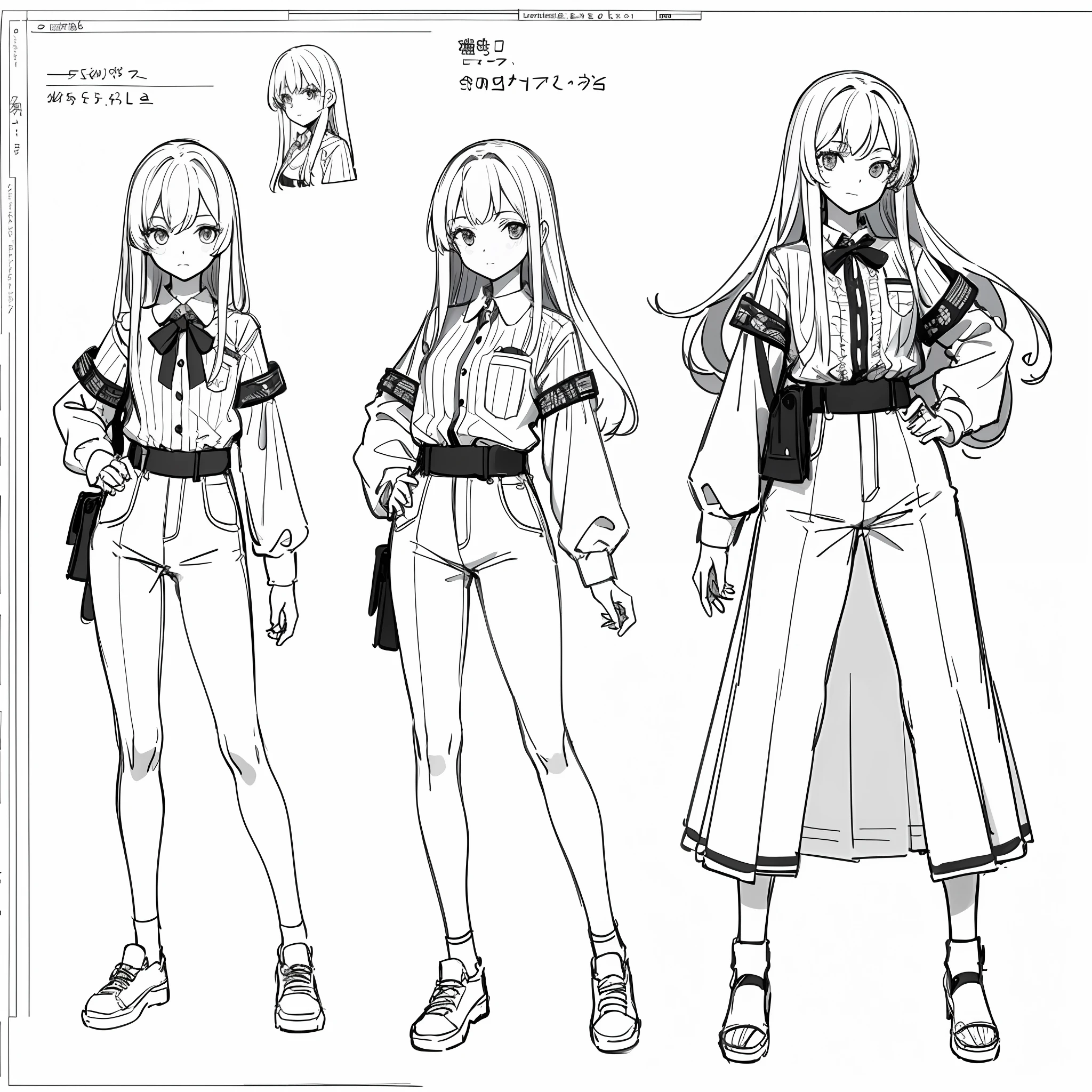 (masterpiece, best quality) detailed, sober girl, tall, drawing reference, reference, lineart, sketch, casual clothes, a short and a shirt, hips, long hair (character design sheet, same character, in dynamic poses)