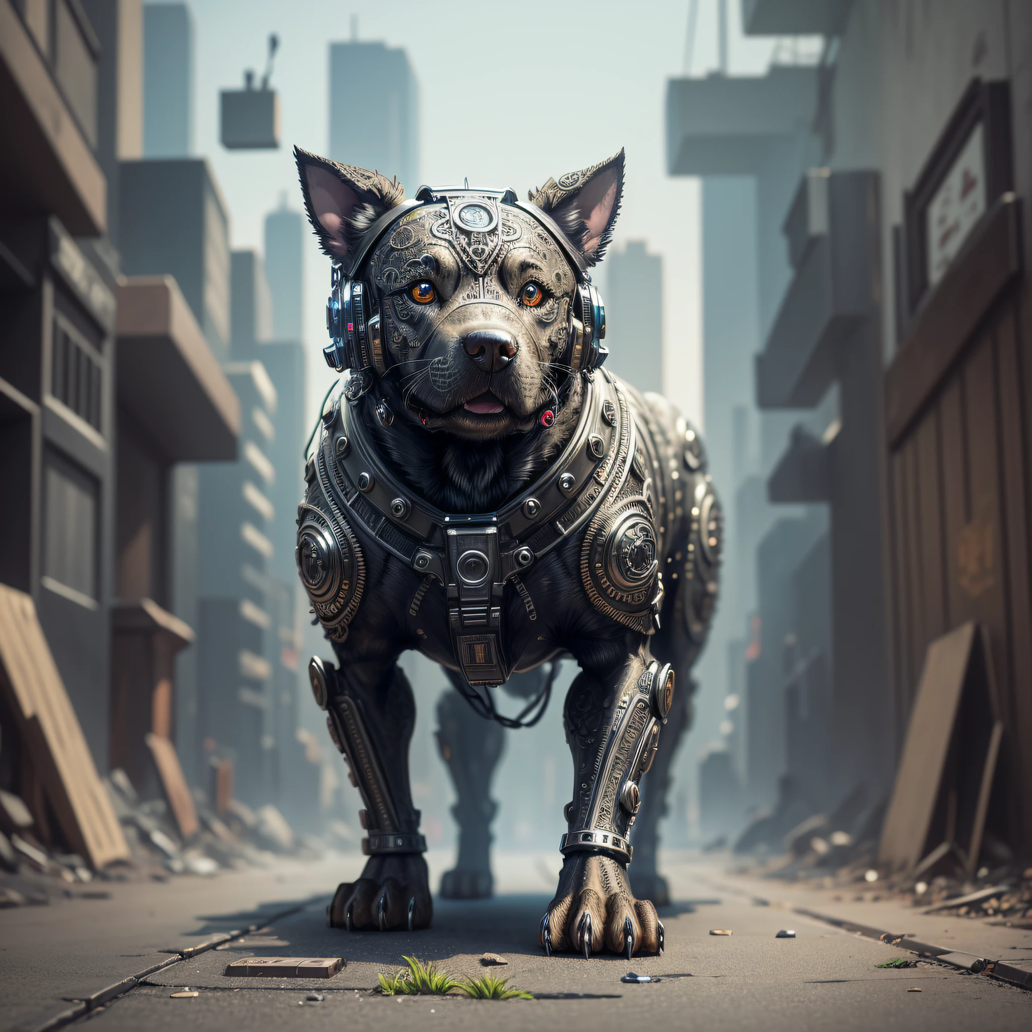 a cute dog made of metal, cyborg, cyberpunk style, ((intricate details)), hdr, ((intricate details, hyperdetailed)), cinematic background, vignette --auto --s2