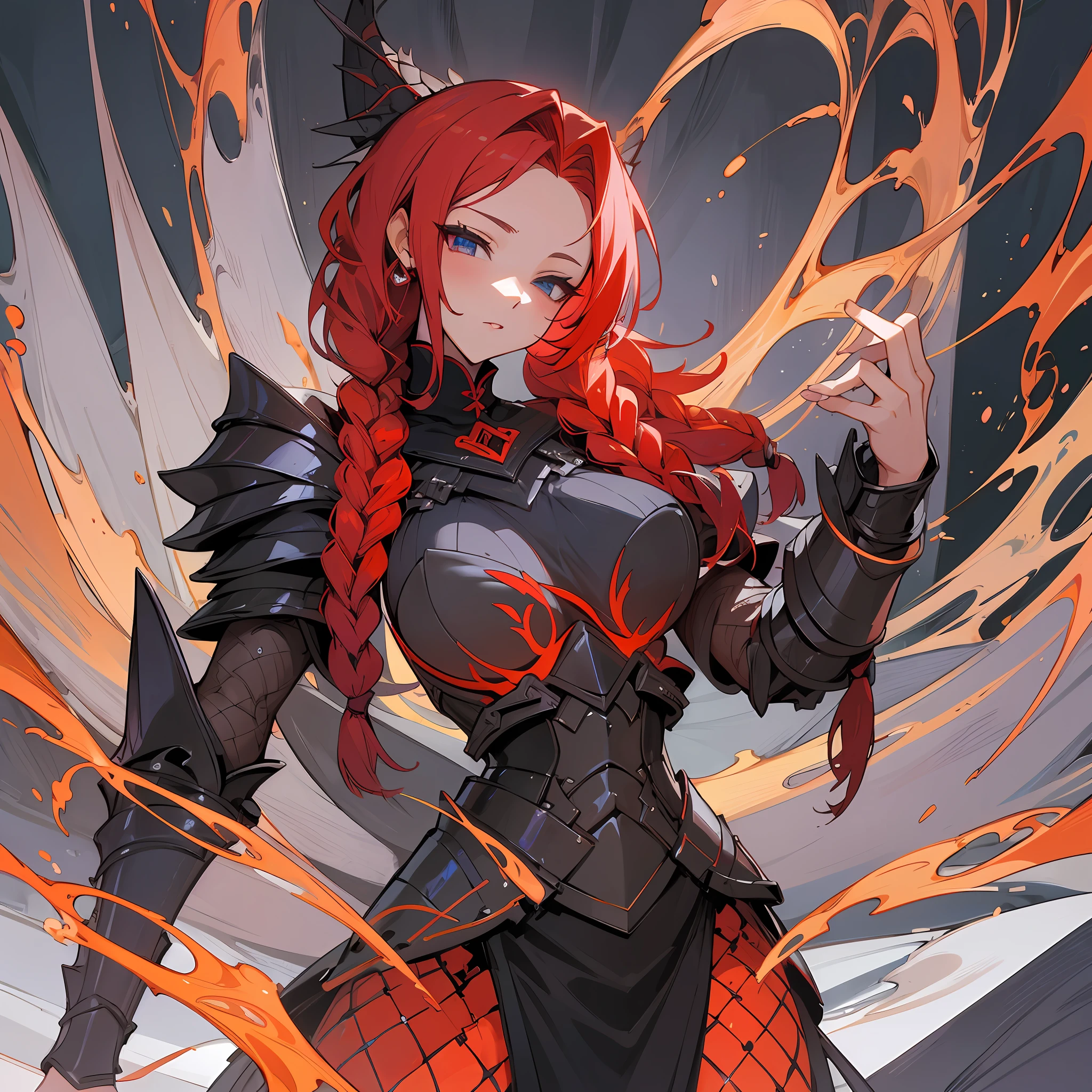 Closet up sexy and seductive Finnish woman with red hair with braids, large breasts set body wearing black dragon armor with flaming anime style magic diamond double swords) (anime art style, high quality picture --auto --s2