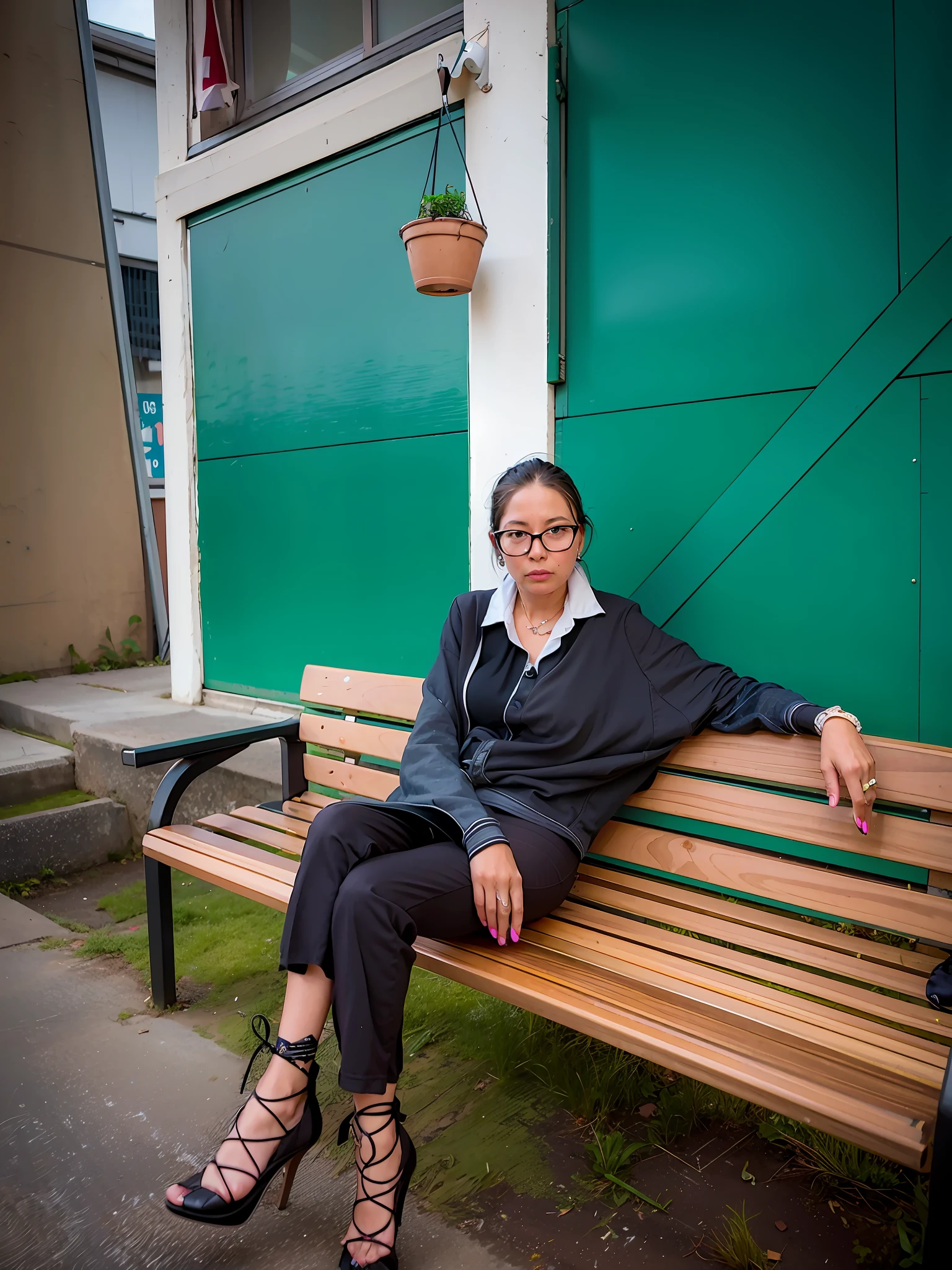 a woman sitting on a bench in front of a building with a plant hanging from the side, sitting on a bench, sitting on a bench, sitting on a bench, she is about 45 years old, 45 years old, 45 years old, sitting on a park bench, Alexander Kotsis, sitting on the ground, with a long white