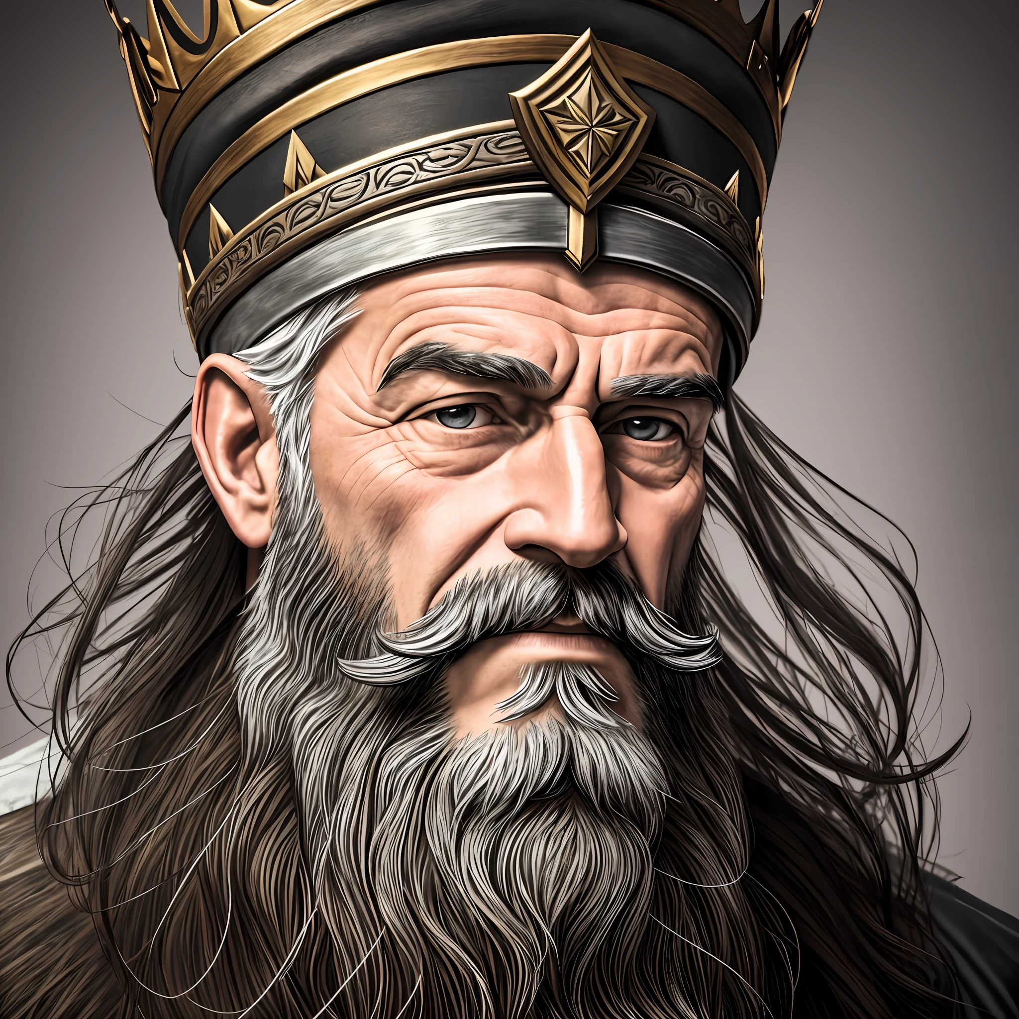 An old man wearing a crown on his head, with beard and black hair, high realistic image, high resolution,8k --auto --s2