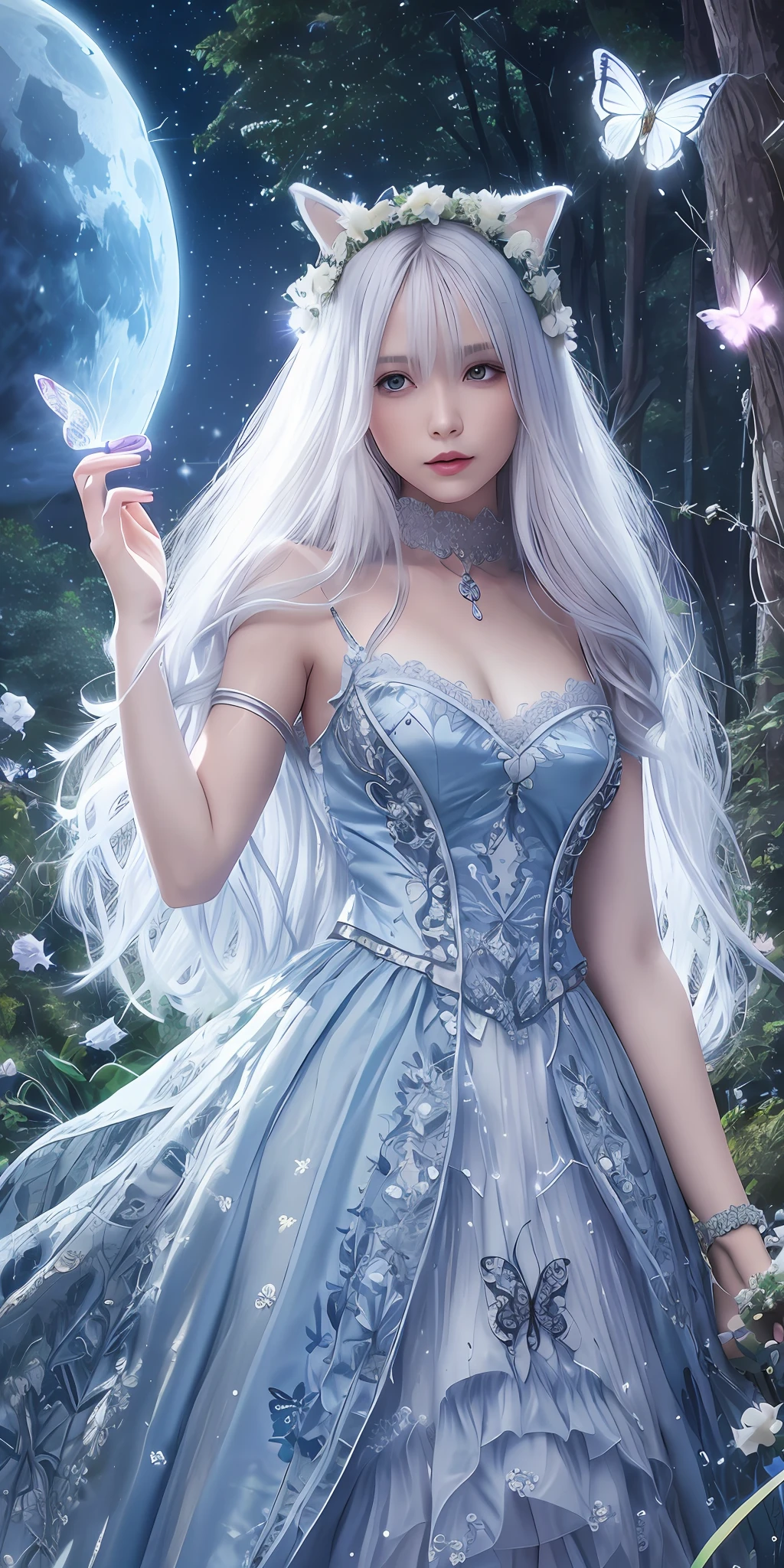 Beauty, long hair and waist, silver hair, graceful curves, dress frills, embroidery, print, flat sleeves, lace, late night, blue night, forest, tall old tree, jungle, white wolf, blue glowing little flower, moon, starry sky, glowing butterfly, glowing firefly, dreamy, mysterious
