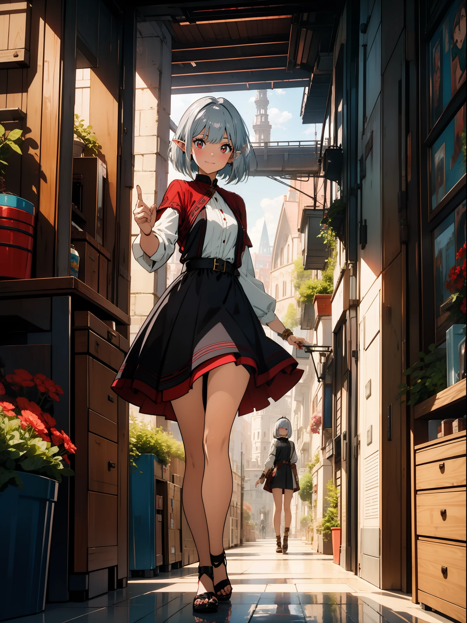 One girl, elf, silver hair, red eyes, bob cut, fantasy style outfit, market, pointing, shopping, laughing, concept art, official art