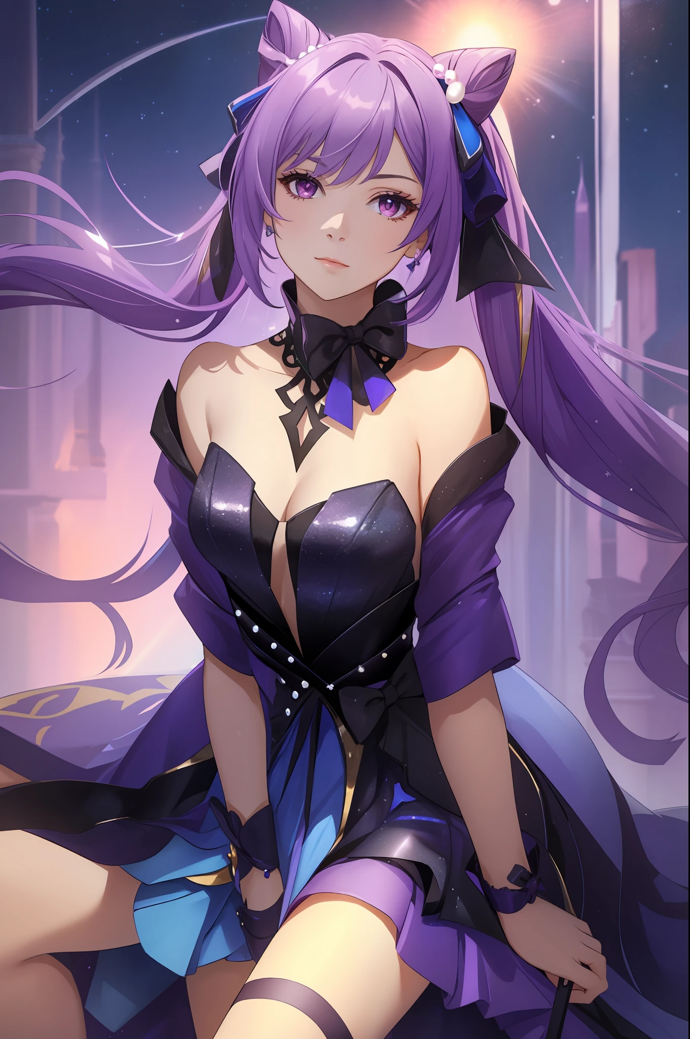 ((photorealistic)), (masterpiece, top quality, best quality, relflexion of light in your eyes, 1girl, woman), keqing (opulent splendor) (genshin impact), keqing (genshin impact), official alternative costume, dress, cone hair bun, night, dress hopefully falling, looking at the viewer, long hair, neckline, black dress, hair bun, strapless, bare shoulders, purple hair, bangs, bow, highlighted collar, purple eyes, diamond-shaped pupils, ribbon, double bun, twintails, two-tone dress, medium breasts, hair ornament, black bow, hair ribbon, blue dress, bow tie, hair between eyes