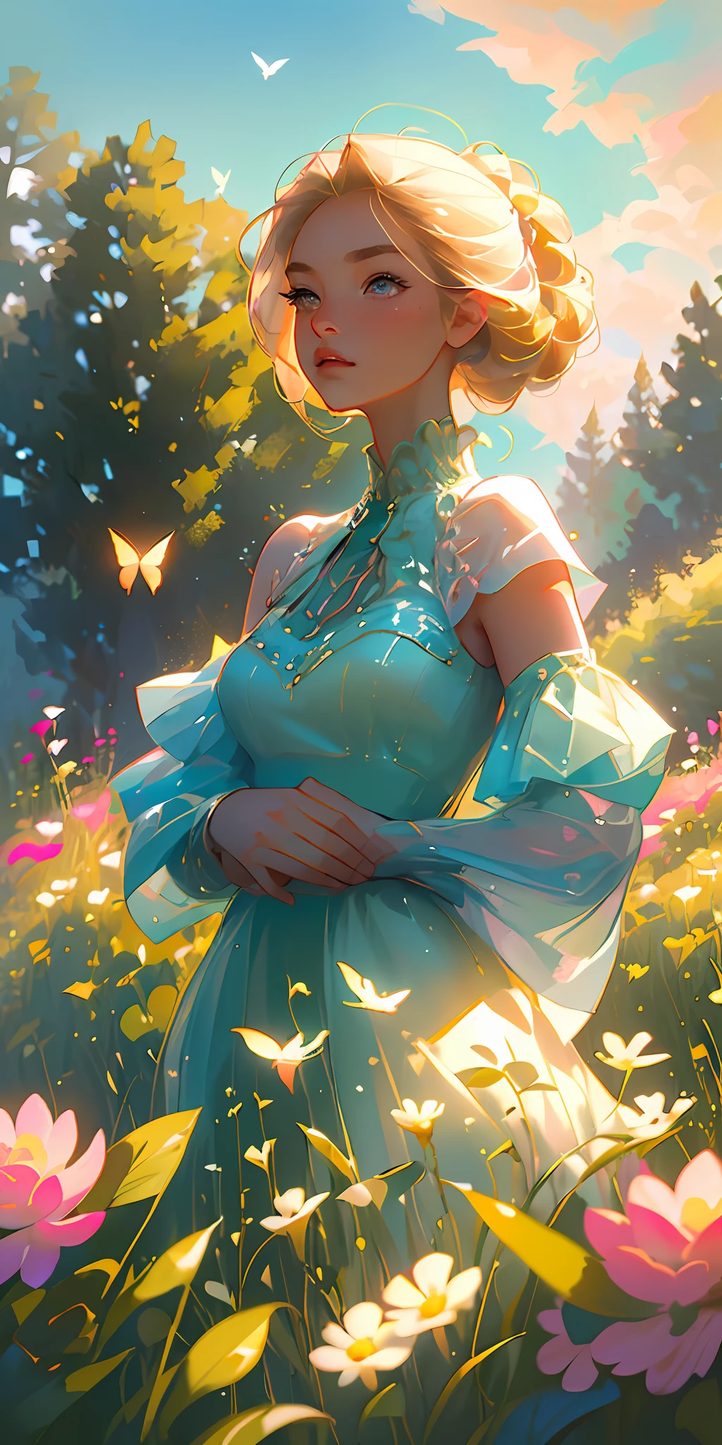 (Best Quality, Masterpiece), High Detail, Ultra Detail, Ultra High Resolution Light brown eyebrows, girl with short blonde hair, flowing dress enjoying her time in open fields, surrounded by the beauty of nature, warm sun sprinkling over her, pink flowers swaying gently in the breeze. Butterflies and birds fly around it, adding to the playful atmosphere, --v6