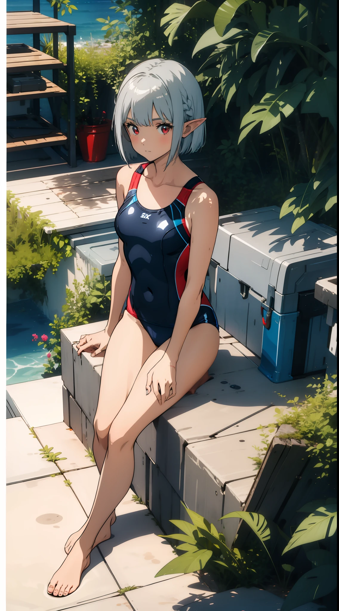 1 girl, swimsuit, competitive swimsuit, elf, silver hair, red eyes, bob cut, seaside, sitting, concept art, official art