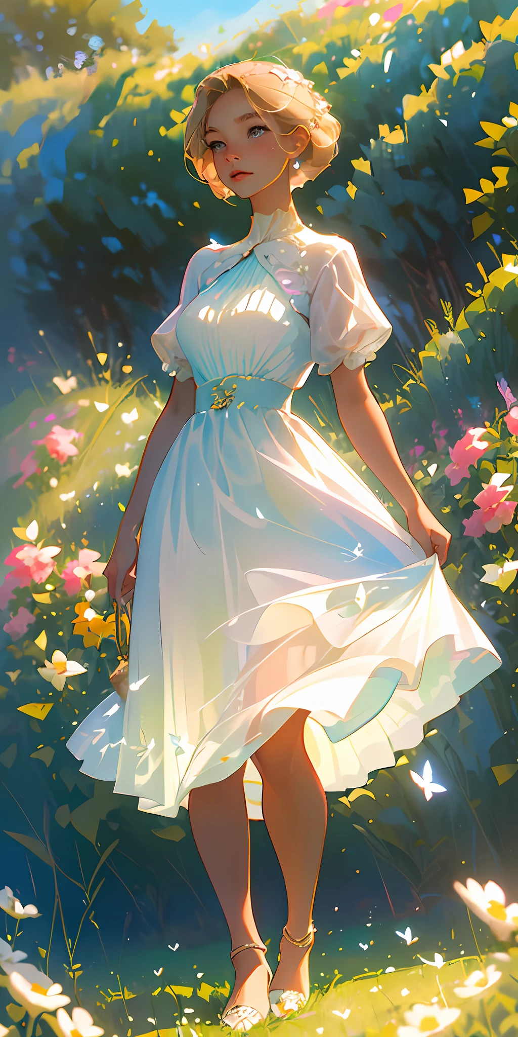 (Best Quality, Masterpiece), High Detail, Ultra Detail, Ultra High Resolution Light brown eyebrows, girl with short blonde hair, flowing dress enjoying her time in open fields, surrounded by the beauty of nature, warm sun sprinkling over her, pink flowers swaying gently in the breeze. Butterflies and birds fly around it, adding to the playful atmosphere, --v6