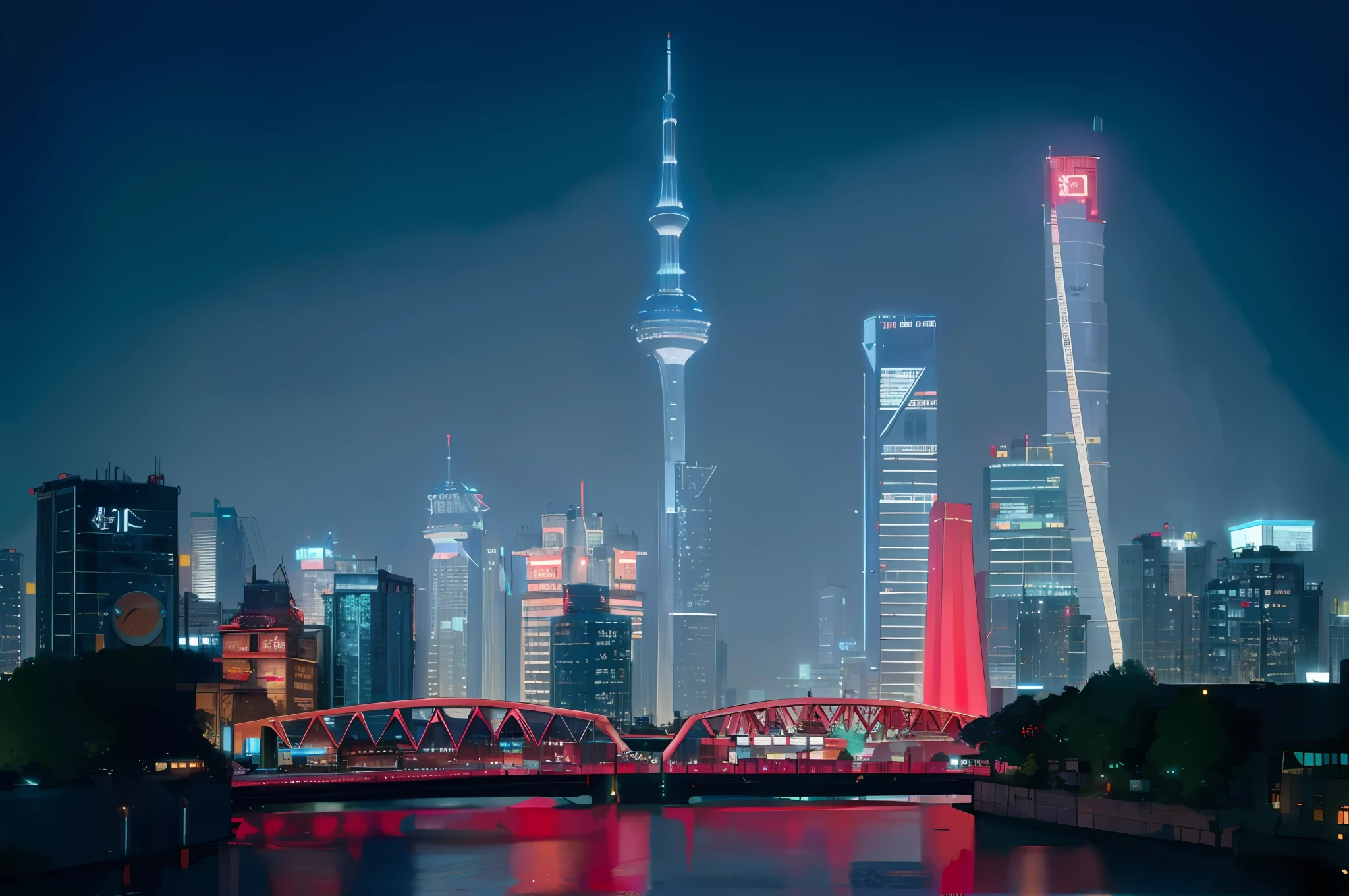 (by Chasbio: 1.2), (Futuristic: 1.1), Portrait shoot, Skyline display, Megacity with red and neon lights, high bridge with leading building (1 girl), Beautiful Future City, Chinese Year, Walking Side by Side, Bridges between connecting towers (1.3), magnificent city landmarks (1.1).