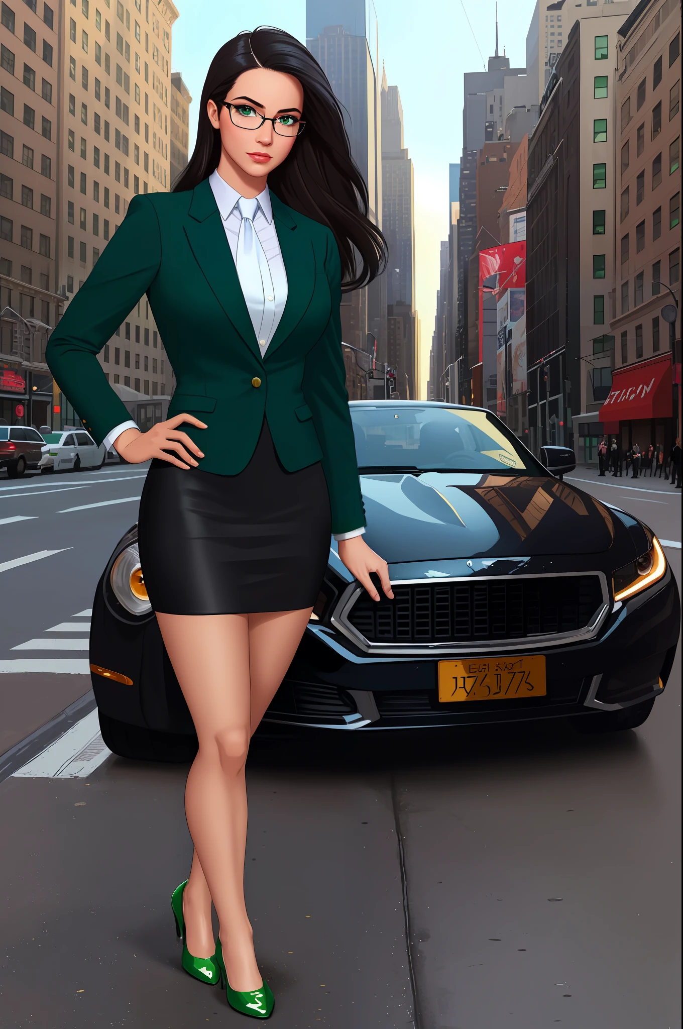 ((best quality)), ((masterpiece)), ((ultra realistic)), american, beautiful detailed face, detailed eyes, sexy reporter, dressed in a suit and tie, new york city backdrop, highly detailed, professional, bare legs, (full body), standing, black hair, medium hair, green eyes, matching shoes, cowboy shot, pencil skirt, glasses