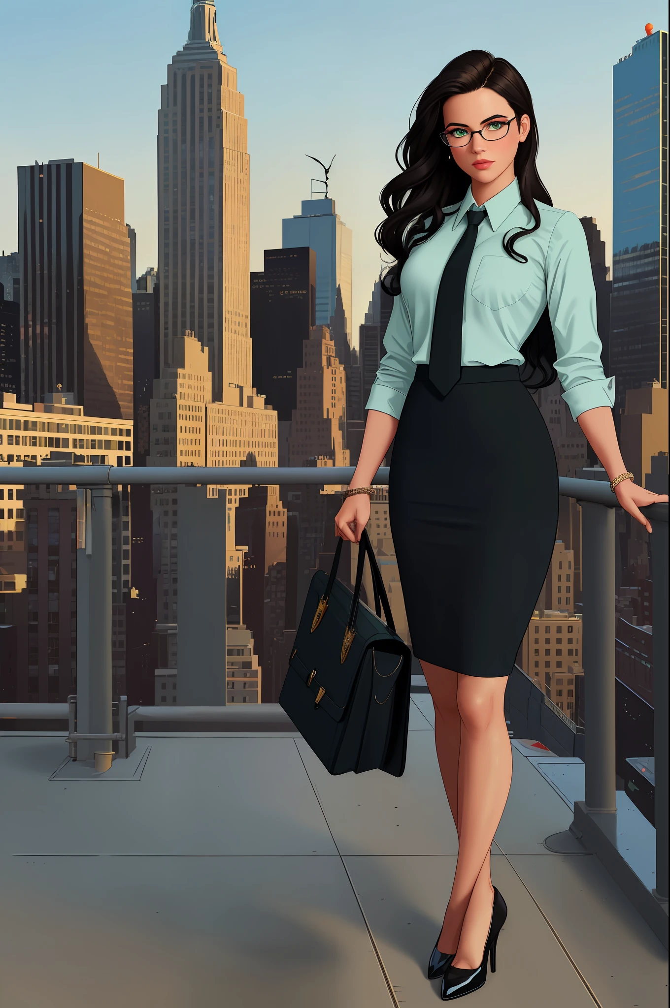 ((best quality)), ((masterpiece)), ((ultra realistic)), american, beautiful detailed face, detailed eyes, sexy reporter, dressed in a suit and tie, new york city backdrop, highly detailed, professional, bare legs, (full body), standing, black hair, medium hair, green eyes, matching shoes, cowboy shot, pencil skirt, glasses