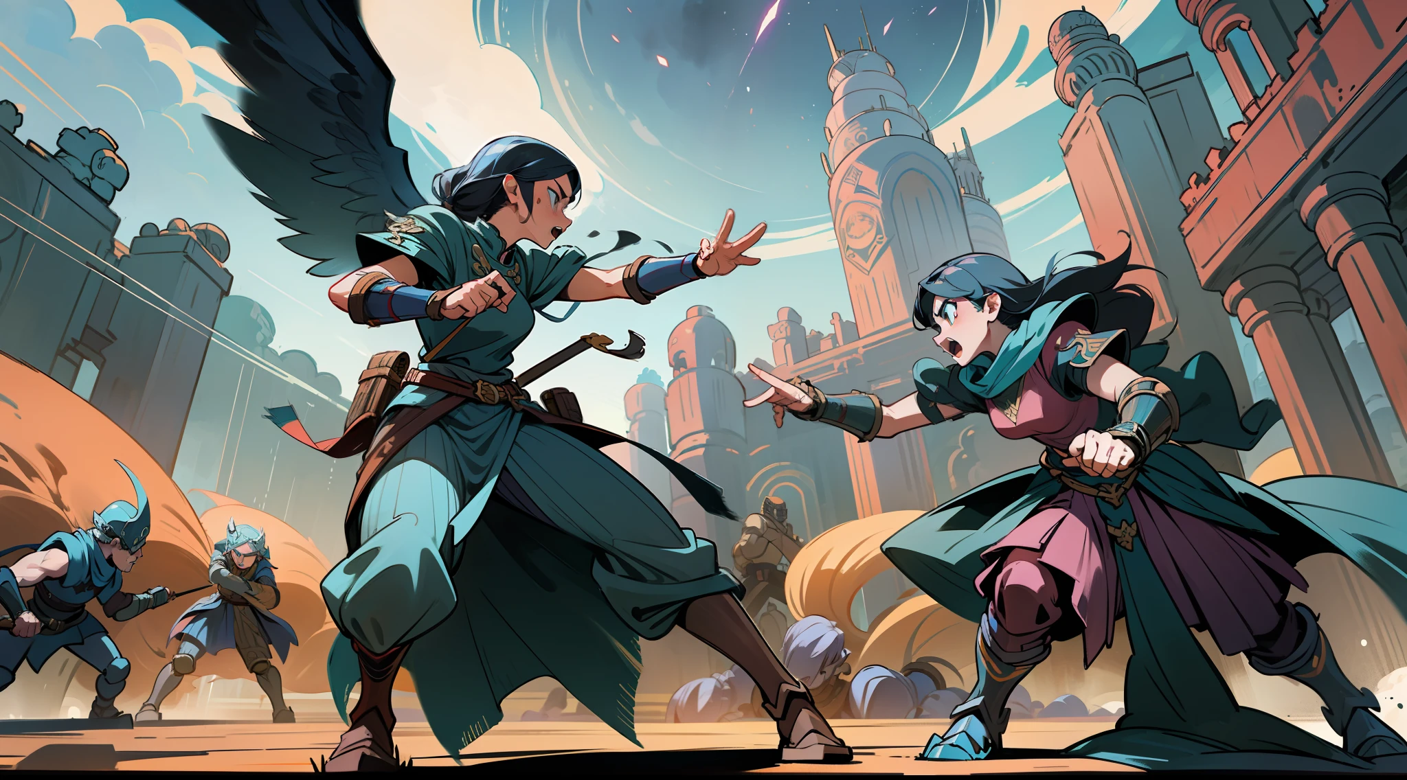 A thrilling and epic battle scene, with multiple warriors engaged in a fierce brawl amidst the stunning and imaginative backdrop of a fantasy world.