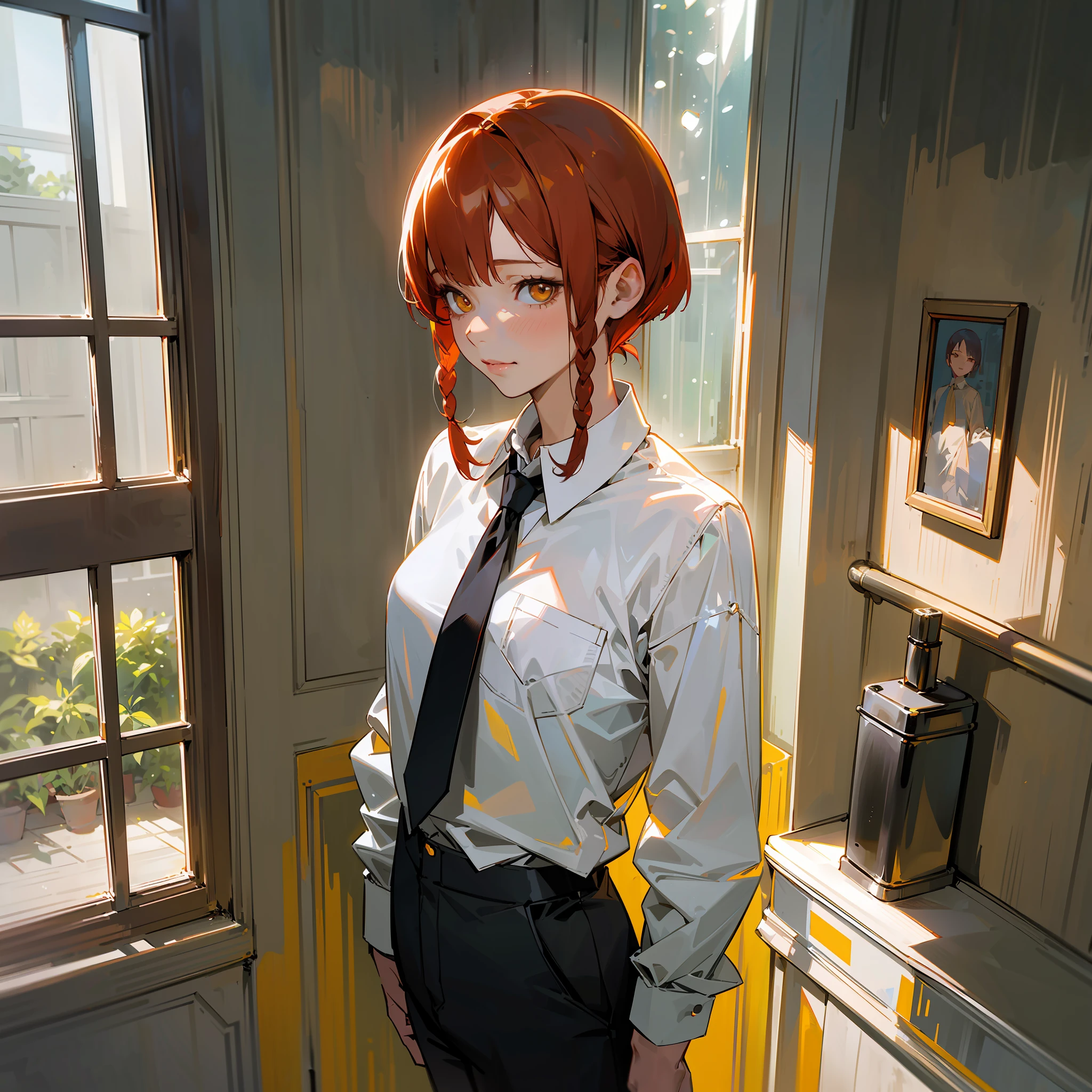Fine shiny skin, (realistic, fidelity:1.4), a beautiful girl, standing, looking out the window, transparent white shirt, no underwear, collared shirt, black tie, black pants, long sleeves, slight smile (nose red), yellow eyes + round eyes, short hair + red hair + long braids, makima \ (chainsaw man) --auto --s2