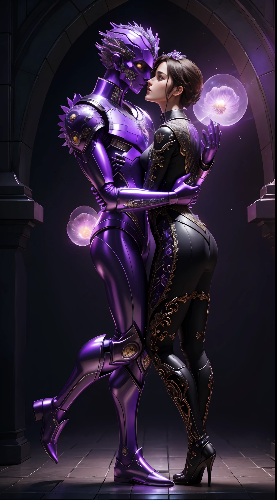 Incredible and spectacular scenes, ((high quality)), ((detailed)), ((fantasy)), "purple plasma brain, purple plasma body, realistic, best quality, 4K, flowers trapped in blisters at the top realistic, (tall handsome boy and beautiful girl hugging and kissing), full body portrait", image quality (3D rendering effect) , exquisite details,