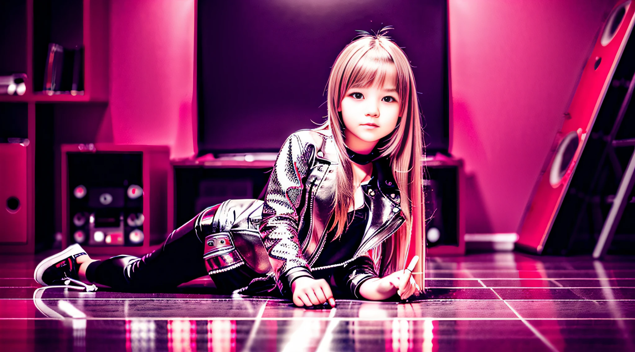 GIRL child 12 years , RUSSIAN BLONDE long hair, portrait , SILVER JACKET AND BLACK CLOTHING, , ON THE FLOOR VARIOUS VINYLS AND CDS, red background. --auto --s2