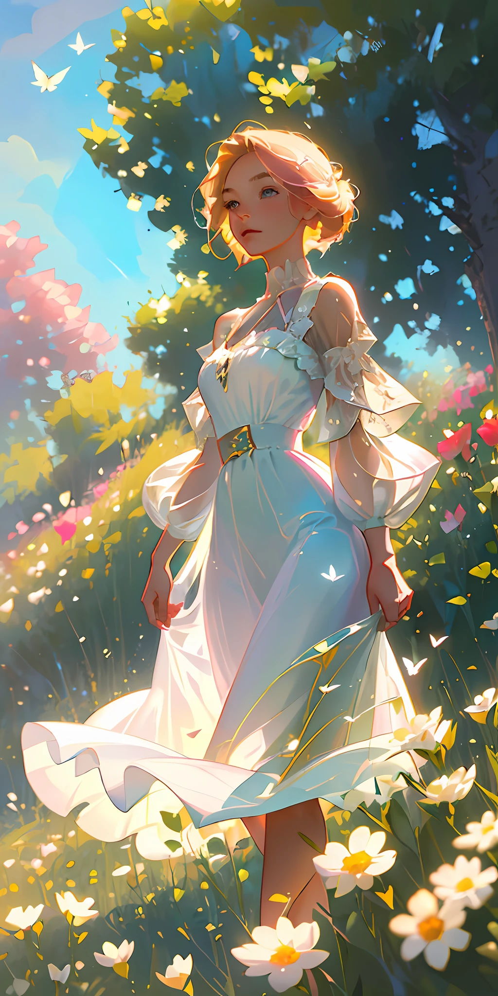 (Best Quality, Masterpiece), High Detail, Ultra Detail, Ultra High Resolution Light brown eyebrows, girl with short blonde hair, flowing dress enjoying her time in open fields, surrounded by the beauty of nature, warm sun sprinkling over her, pink flowers swaying gently in the breeze. Butterflies and birds fly around it, adding to the playful atmosphere, --v6