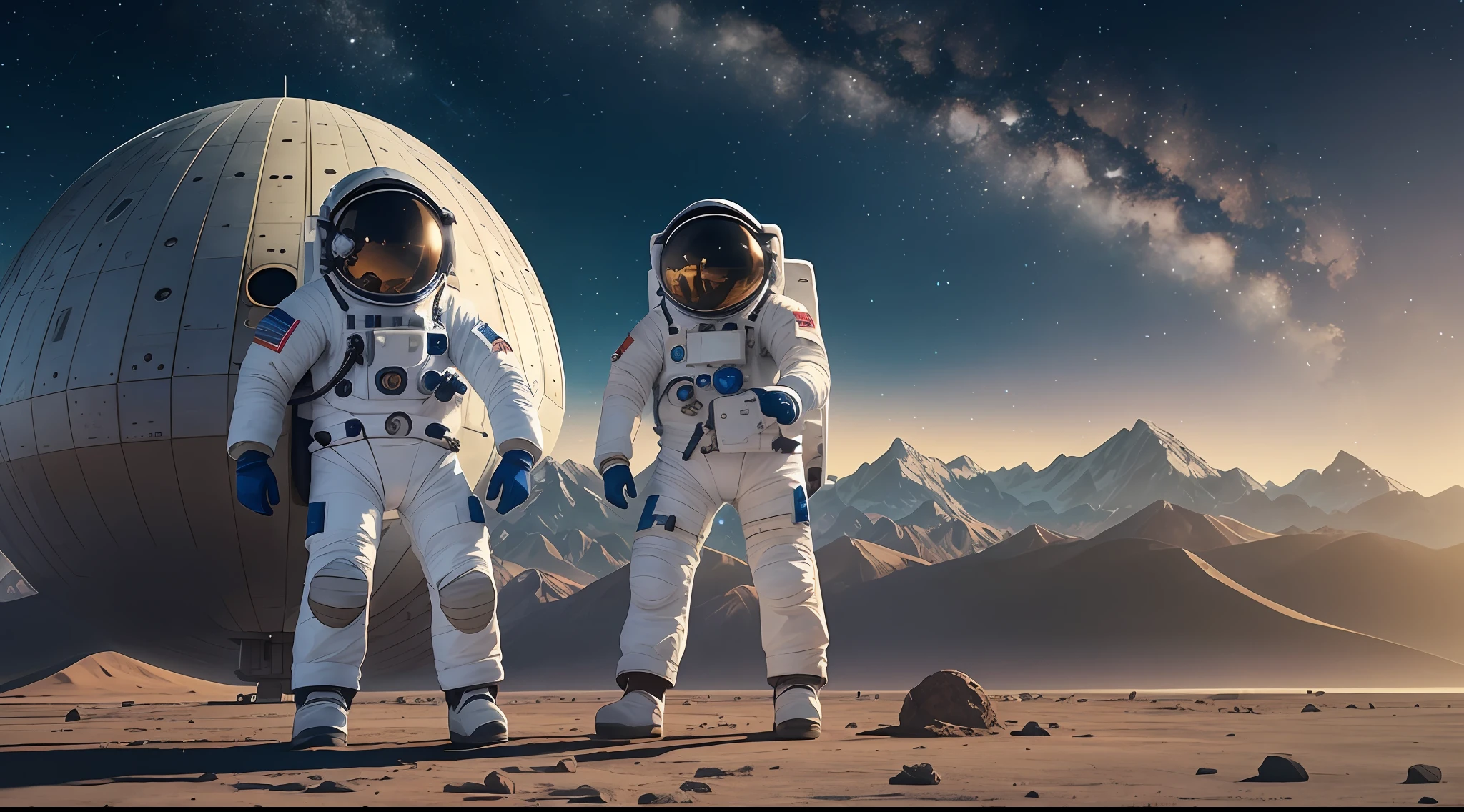 On the open ground, A spaceship is parked, Two astronauts observe the environment, Mountains in the distance, clear sky, Surrealism, high detail, cinematic lighting, close-up, Futurism, Conceptual art, Realism, UHD, high details, super detail --auto --s2