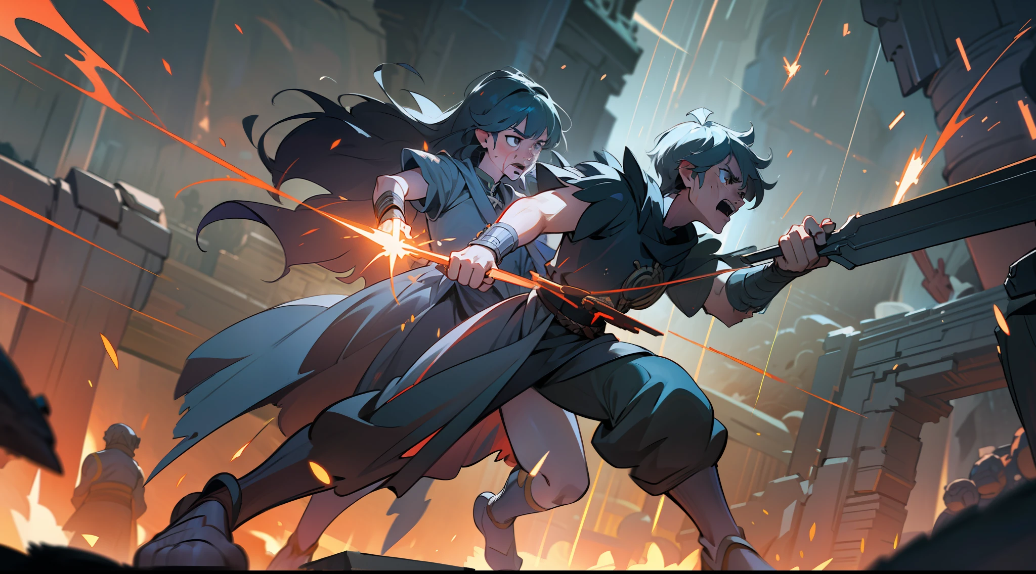 (extremely detailed CG unity 8k wallpaper, masterpiece, best quality),fantasy world, warriors, general brawl, intense fight, dynamic pose, dynamic angle, dramatic lighting, dark and moody atmosphere, weapons clashing, flying debris, sparks, dust, blood, VFX, outstanding rendering, incredible details.