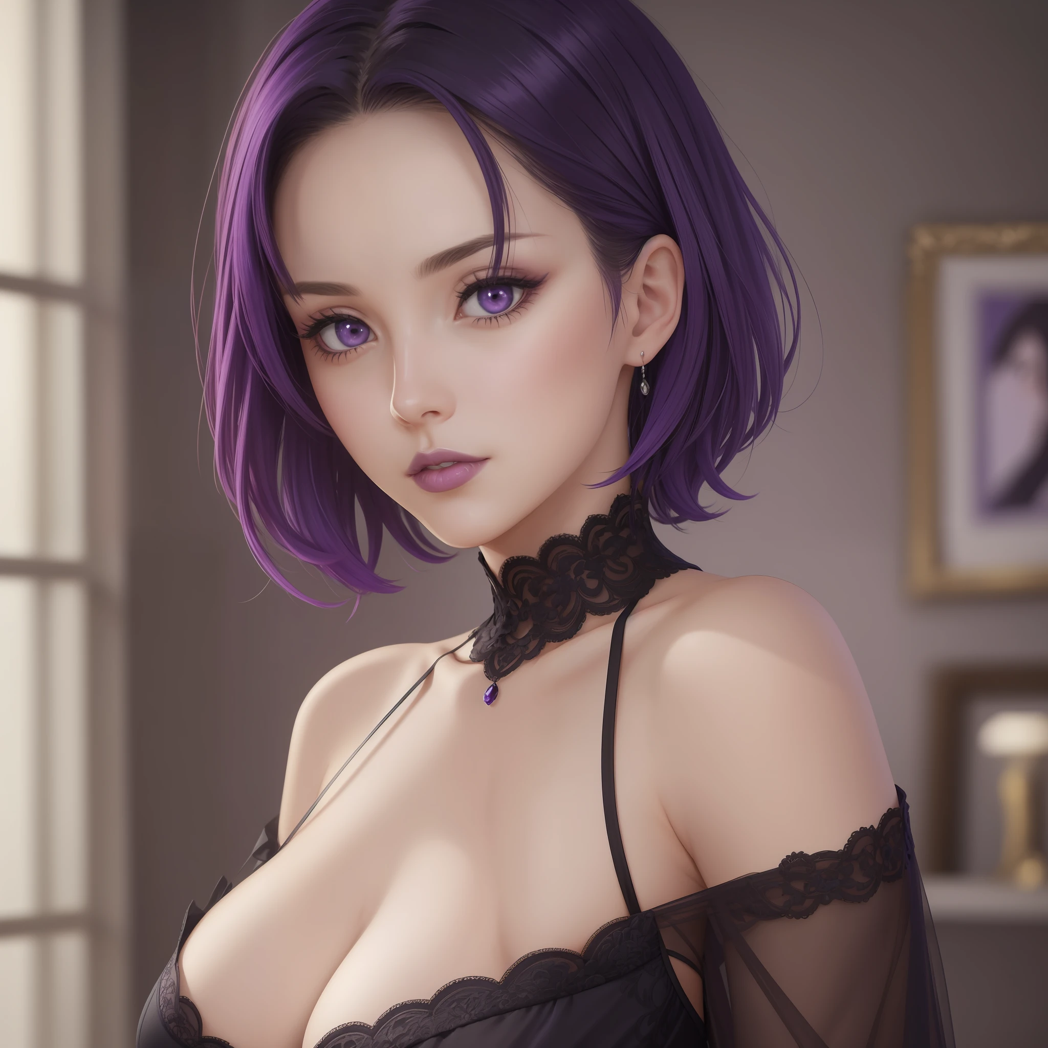 masterpiece, realistic, detailed eyes, detailed pupil, beautiful, looking at the viewer, subtle lighting, depth of field, film grain, 20yo, female, solo, (massive breasts: 1.2), small neckline, short asymmetrical hair undercut with purple stir, tight dark purple dress, black goth chok --auto --s2