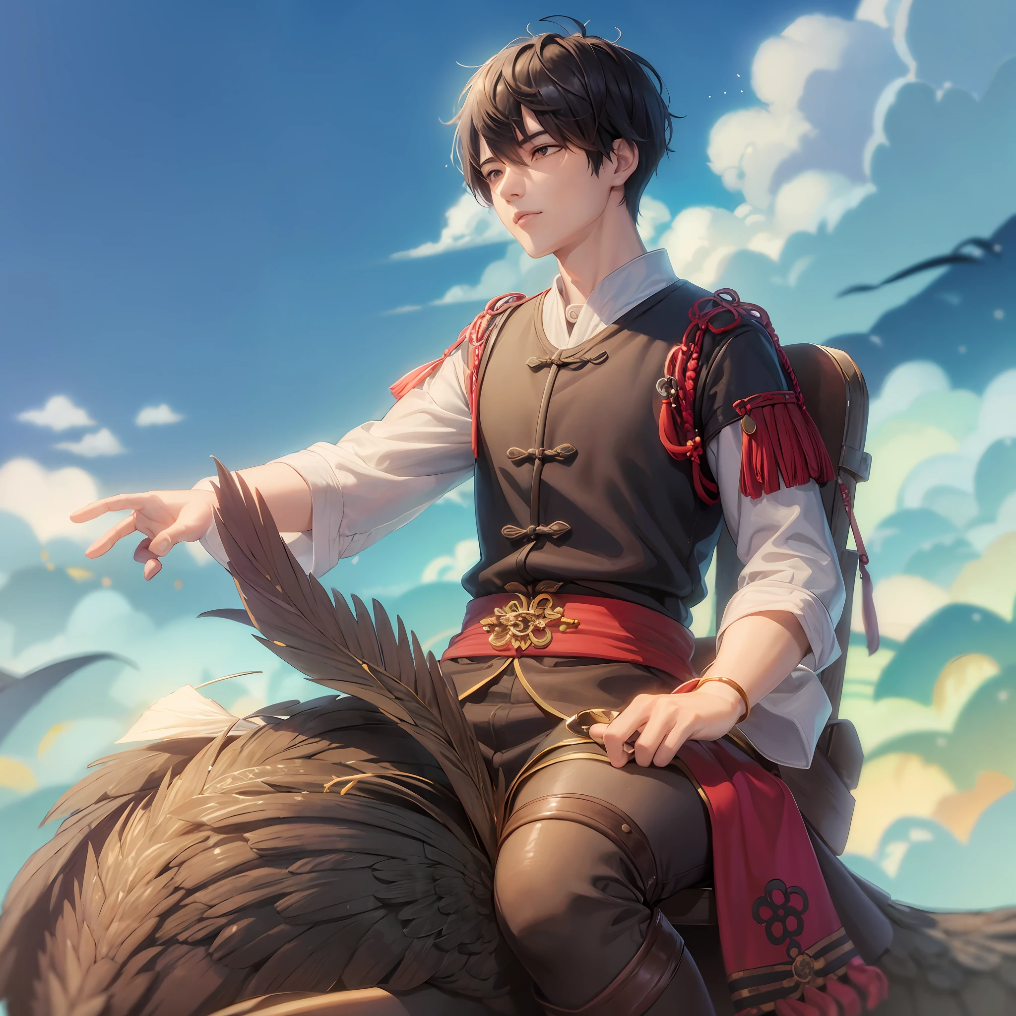 Xiu Xian, on a big bird, a black-haired boy sits on his back, Daoist uniform, --auto --s2