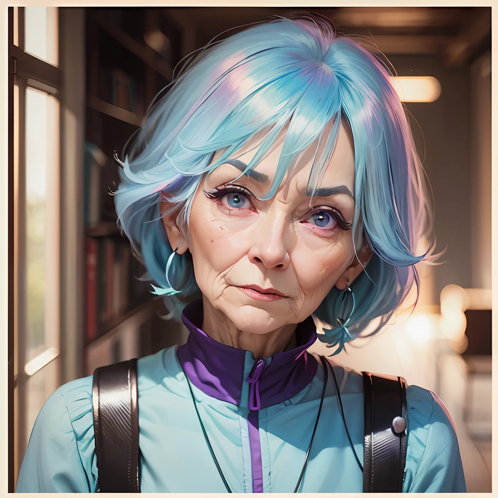 70 years old woman with cyan hair, purple eyes in anime style --auto --s2