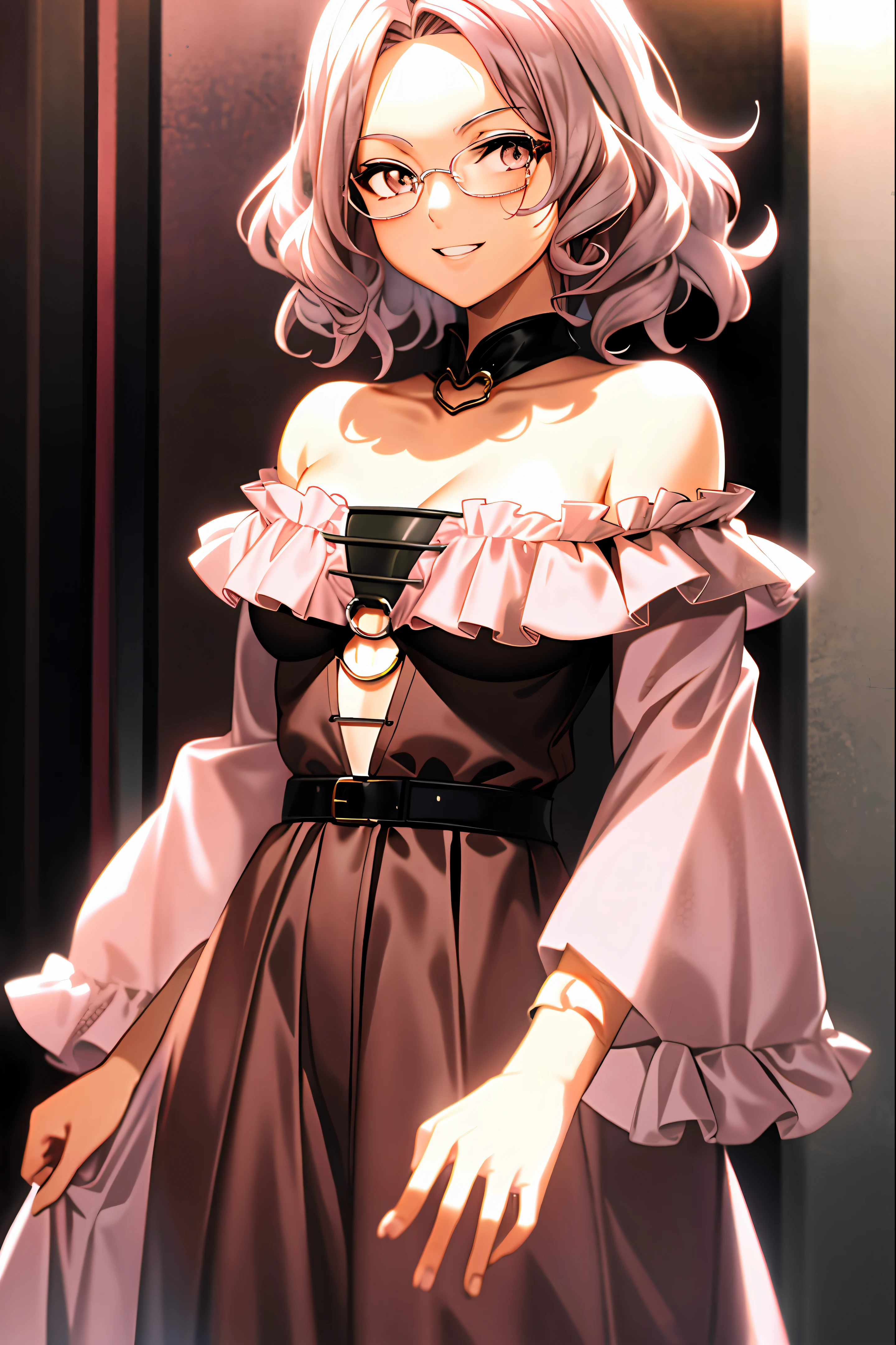 Girl,young, anime-looking, short pink and silver hair, brown eyes, curly hair, delicate, vampire teeth, clothes showing shoulders, reddish Buchechas, holding a glasses