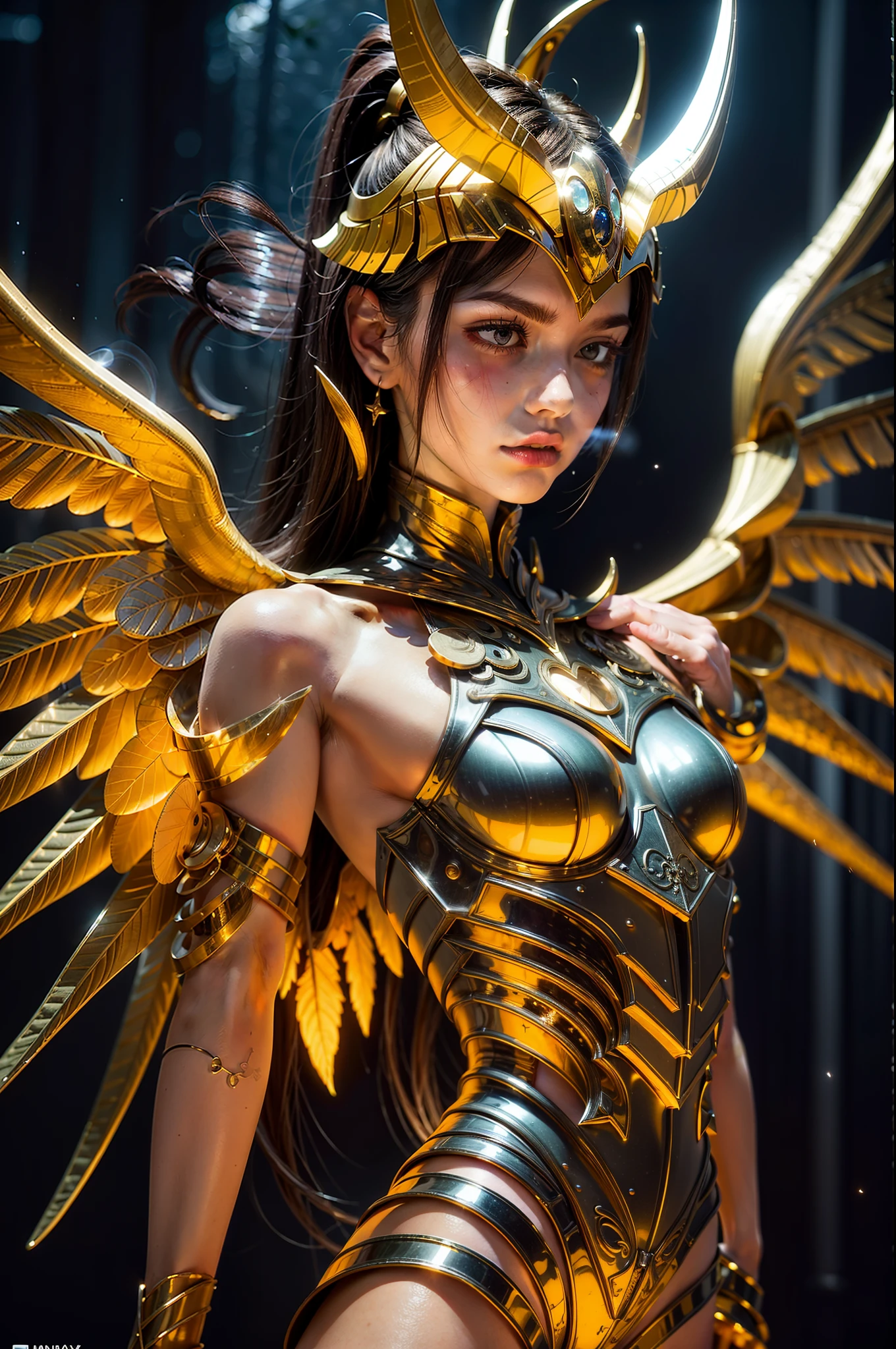 (masterpiece), (best quality:1.4), dark background, hyper smoke, backlit, [:intricate details:0.2], angel, angel wings, naked waist, perfect body, small soft breasts, milky way, sky, shimmering aura, intense focus, crackling energy, mysterious symbols, sparkling motes, rim light