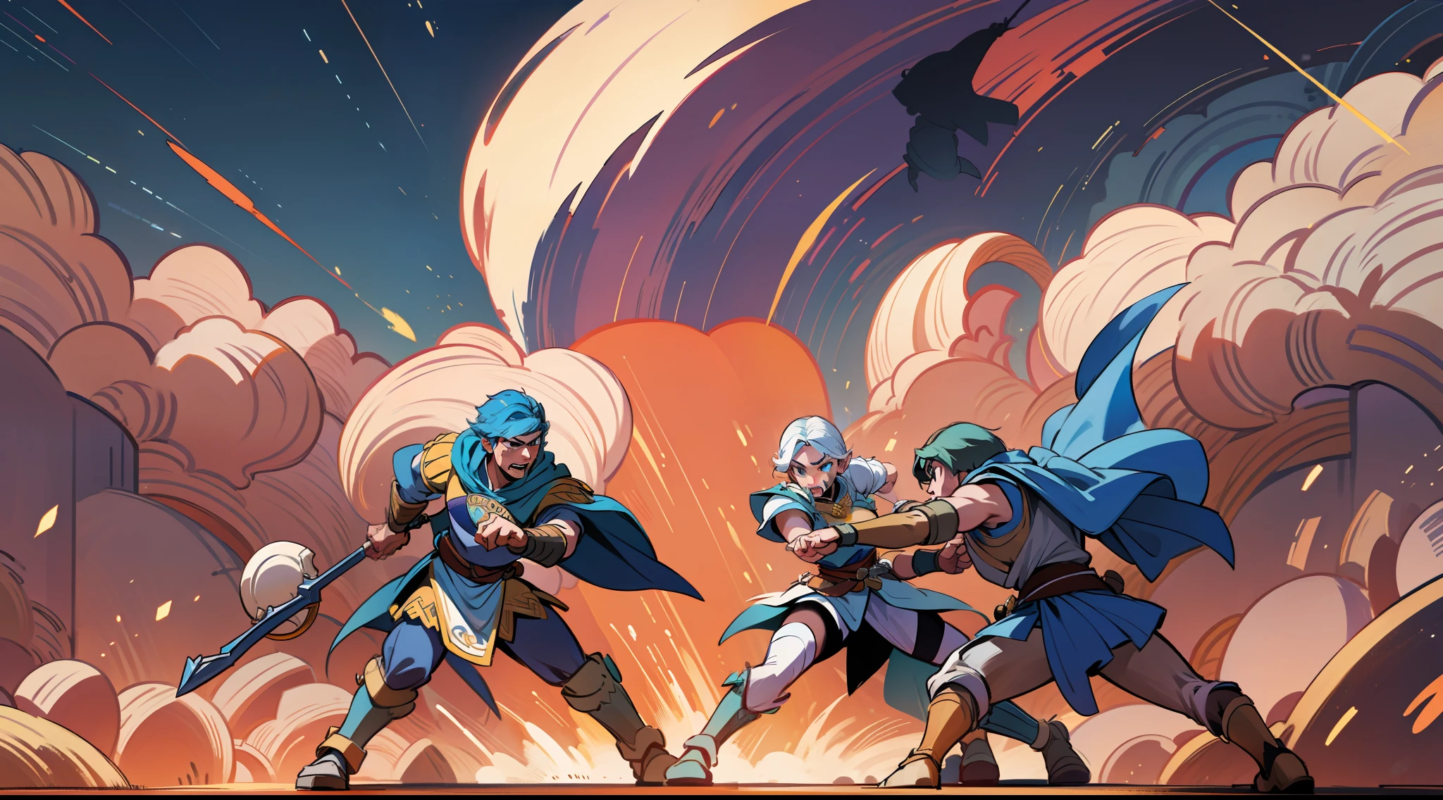 a general brawl between warriors, against the backdrop of a fantasy world